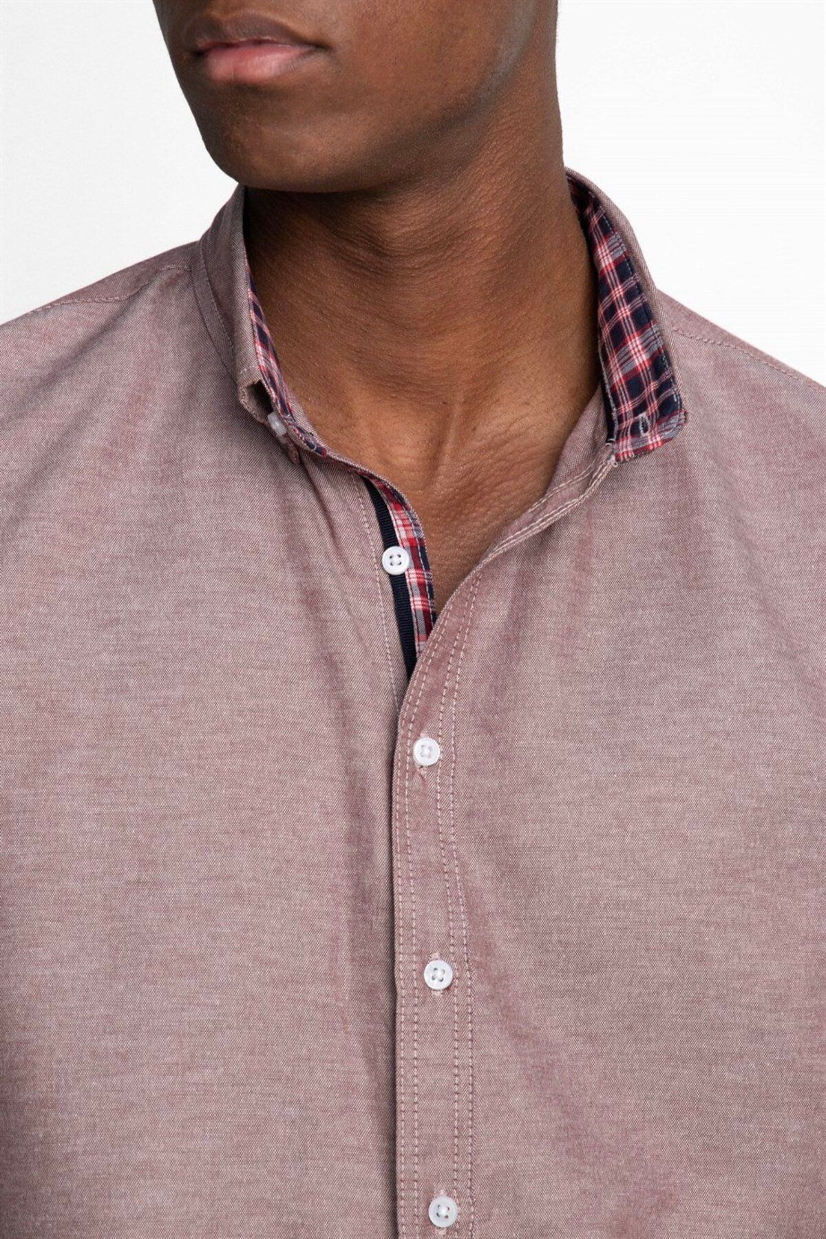 Tudors-Men's Oxford Cotton Shirt - Slim Fit, Easy Iron, Burgundy Button Collar, Short Sleeve 3