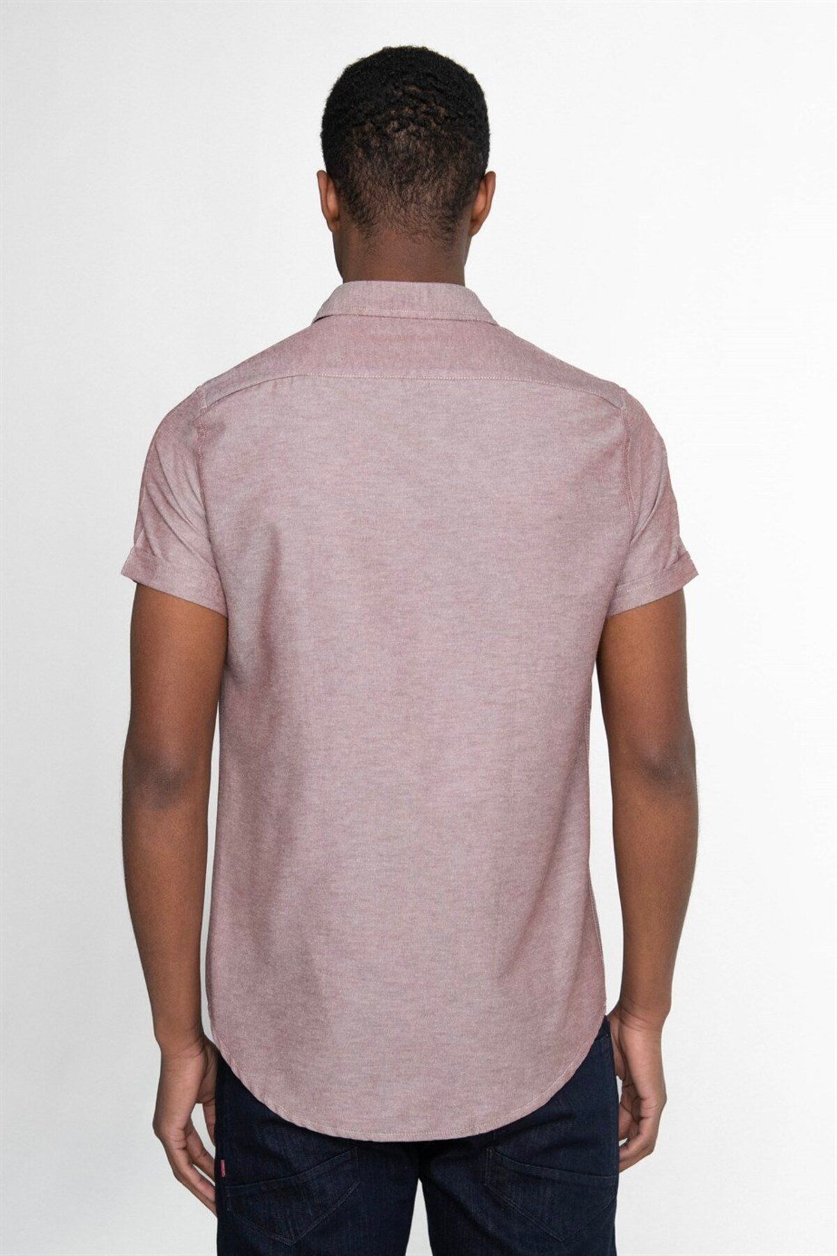 Tudors-Men's Oxford Cotton Shirt - Slim Fit, Easy Iron, Burgundy Button Collar, Short Sleeve 4