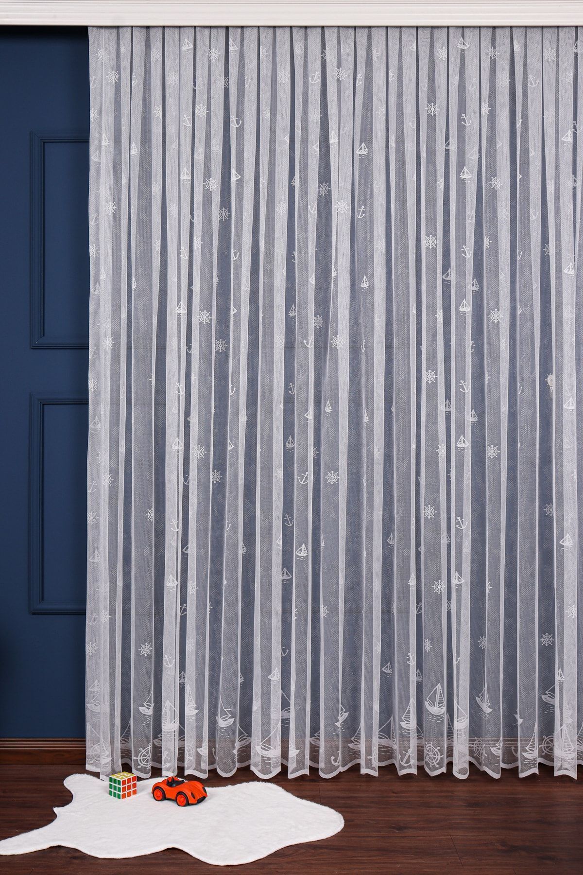 elision home Cortina Din Tul Tricotată Cu Model Ancoră Barca Cu Pânze, 300x260cm, Pliu Normal 1/2,5, Elıon01641 - 100x260
