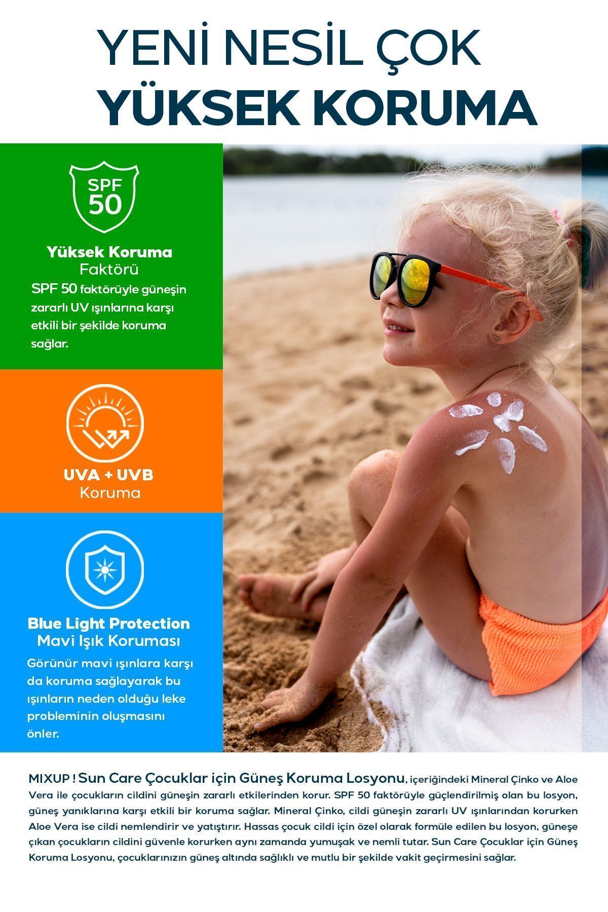 Mixup Yüksek UVA/UVB Korumalı SPF 50 Çocuk Güneş Losyonu Mineral Çinko ve Aloe Vera İçerikli 200 ML fotoğrafı 4 (önizleme)