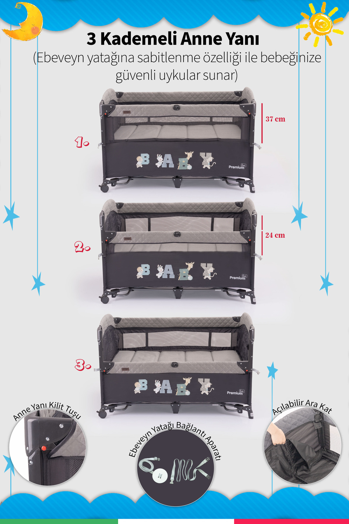 Prego Premium Line Alt Açma Üniteli Anne Yanı Oyun Parkı + Yatak Hediyeli fotoğrafı 3 (önizleme)