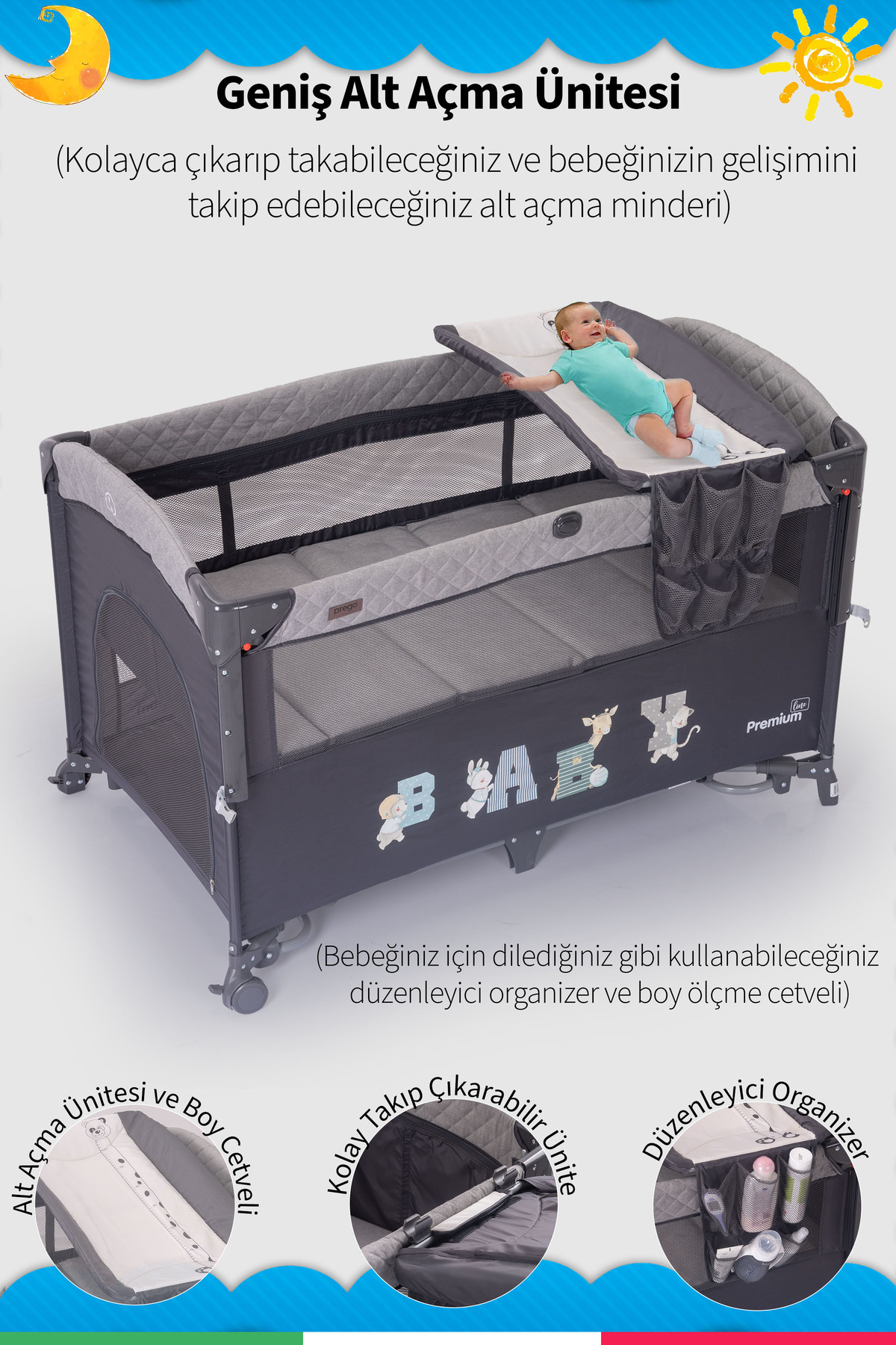 Prego Premium Line Alt Açma Üniteli Anne Yanı Oyun Parkı + Yatak Hediyeli fotoğrafı 4 (önizleme)