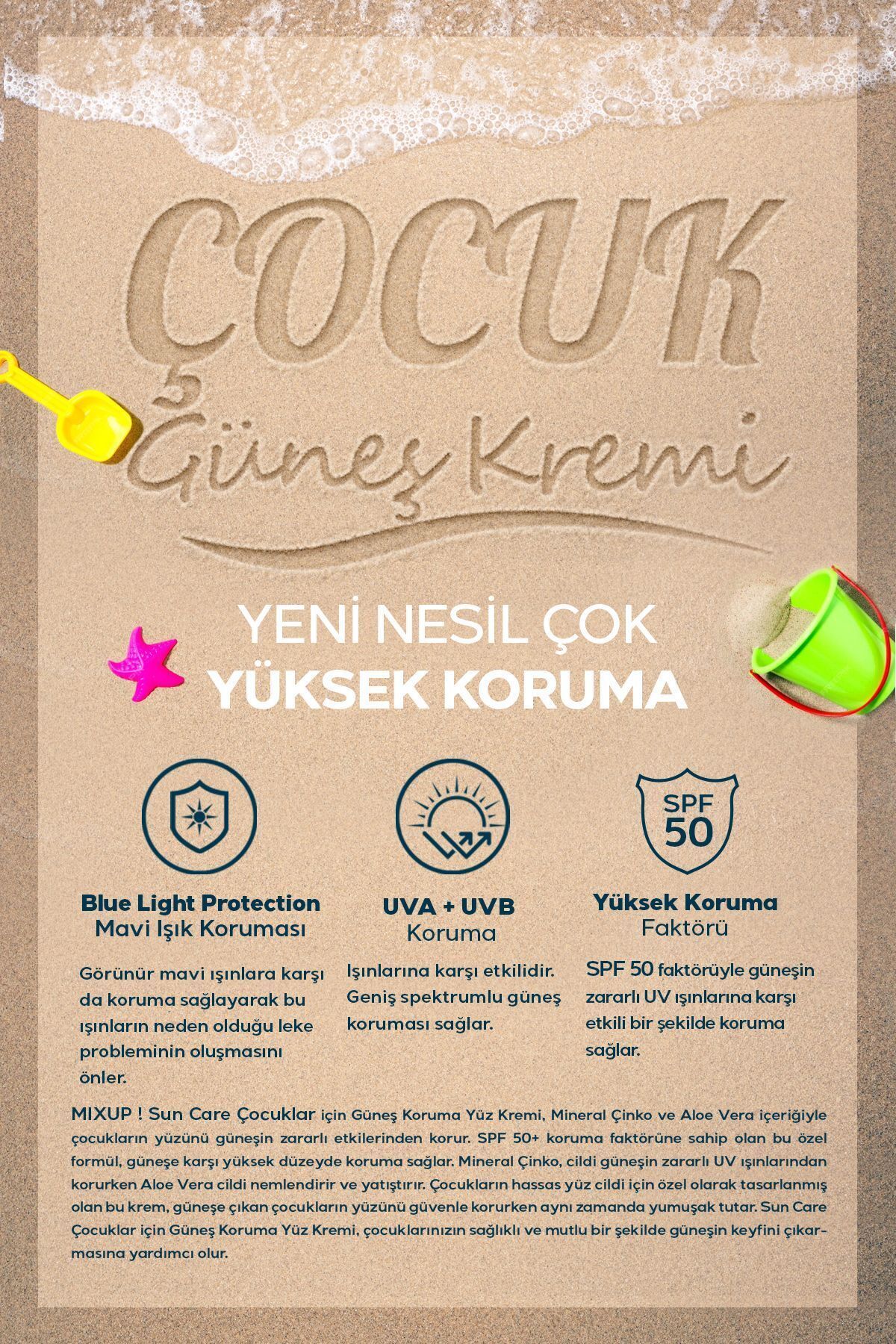 Mixup Doğal İçerikli Vegan Sertifikalı SPF 50+ Çoçuk Güneş Kremi Aloe Vera,Mineral,Çinko İçerikli 75 ML fotoğrafı 4 (önizleme)