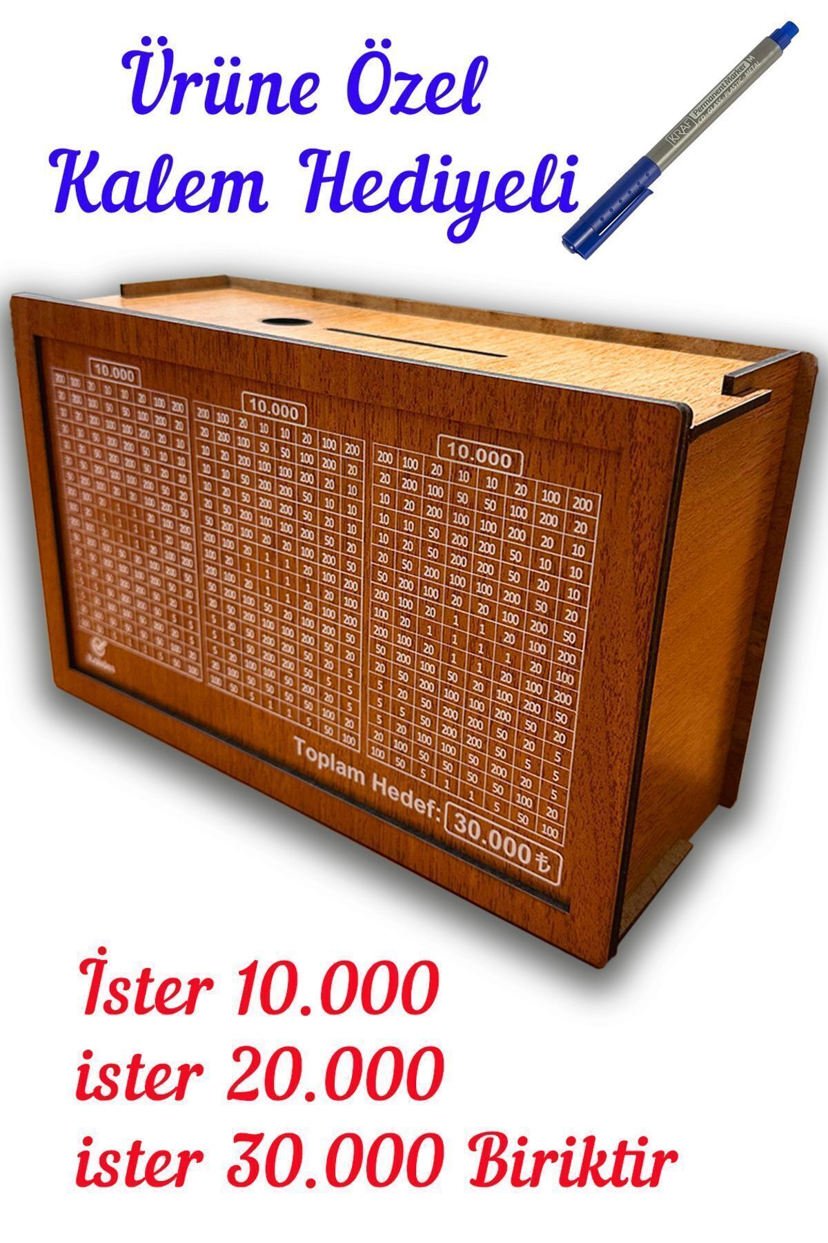 Parabox - 30.000tl Kumbara (Kalem Hediyeli) , Ahşap Para Biriktirme Hedef Kutusu