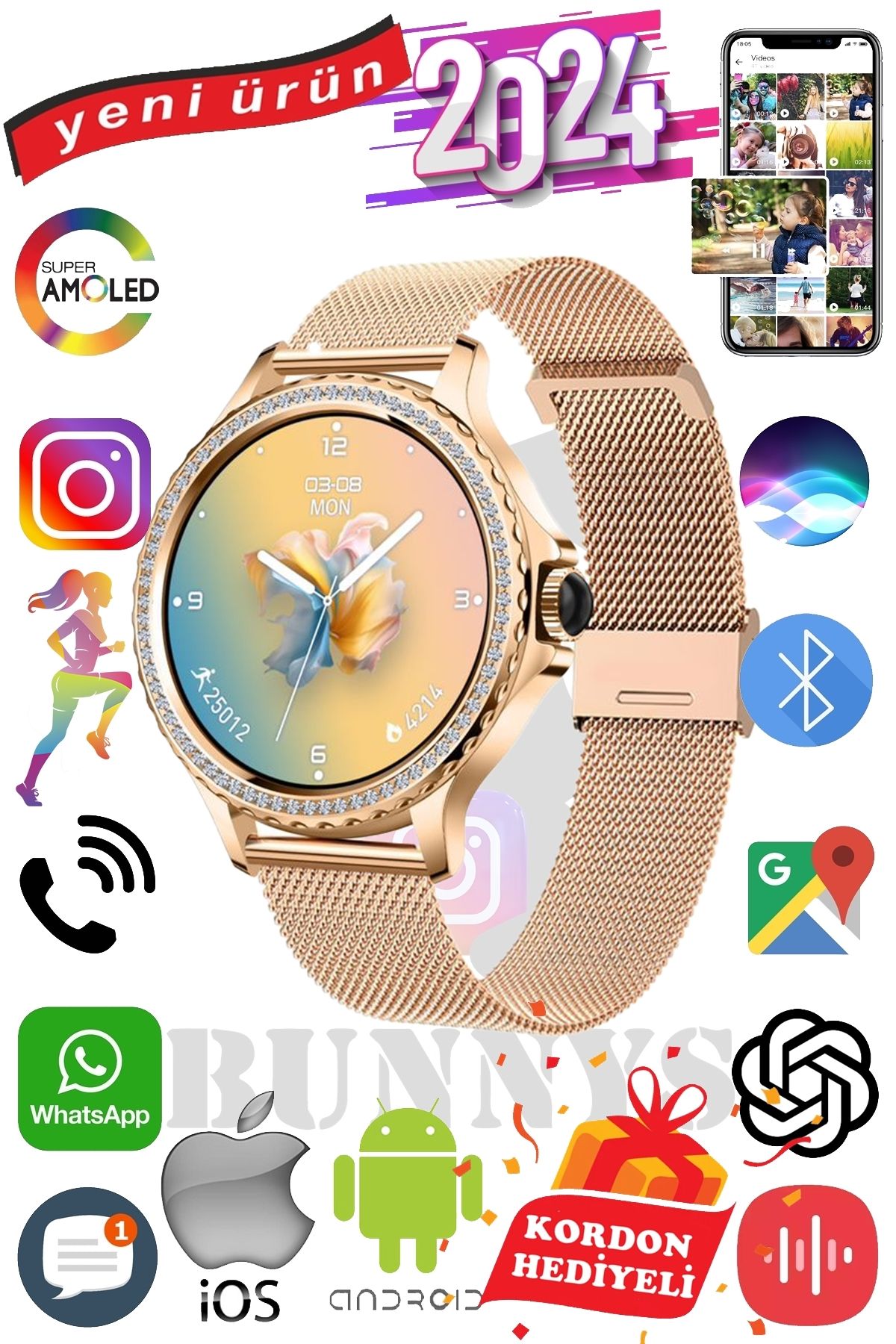 Bunnys Huawei P30 Pro Uyumlu Ak ll Saat Mini Kad nlar cin Konu ma Ozellikli Amoled Giyilebilir Teknoloji