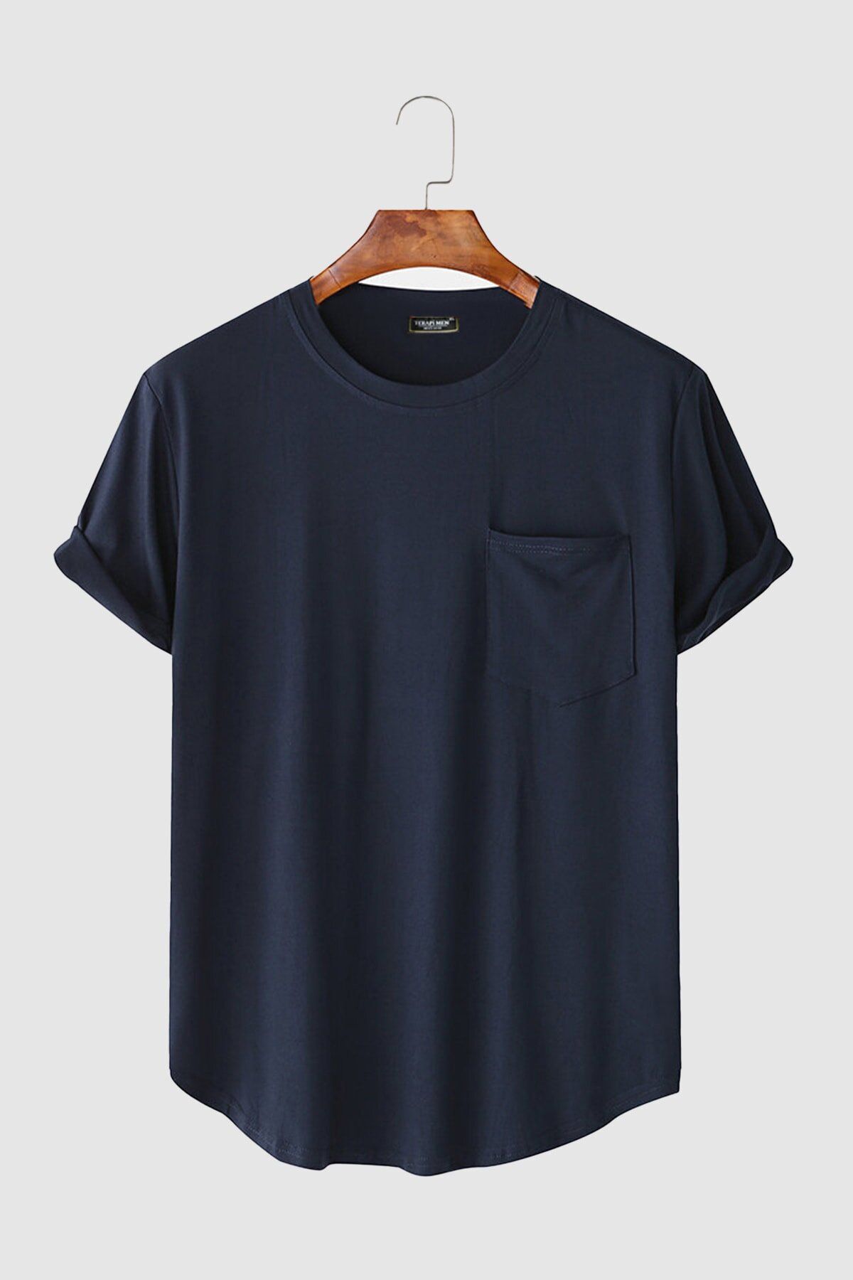 VEAVEN-Men's Round Neck Oval Cut Basic T-shirt with Pockets Stk306-0000001-1-4 Navy Blue 1