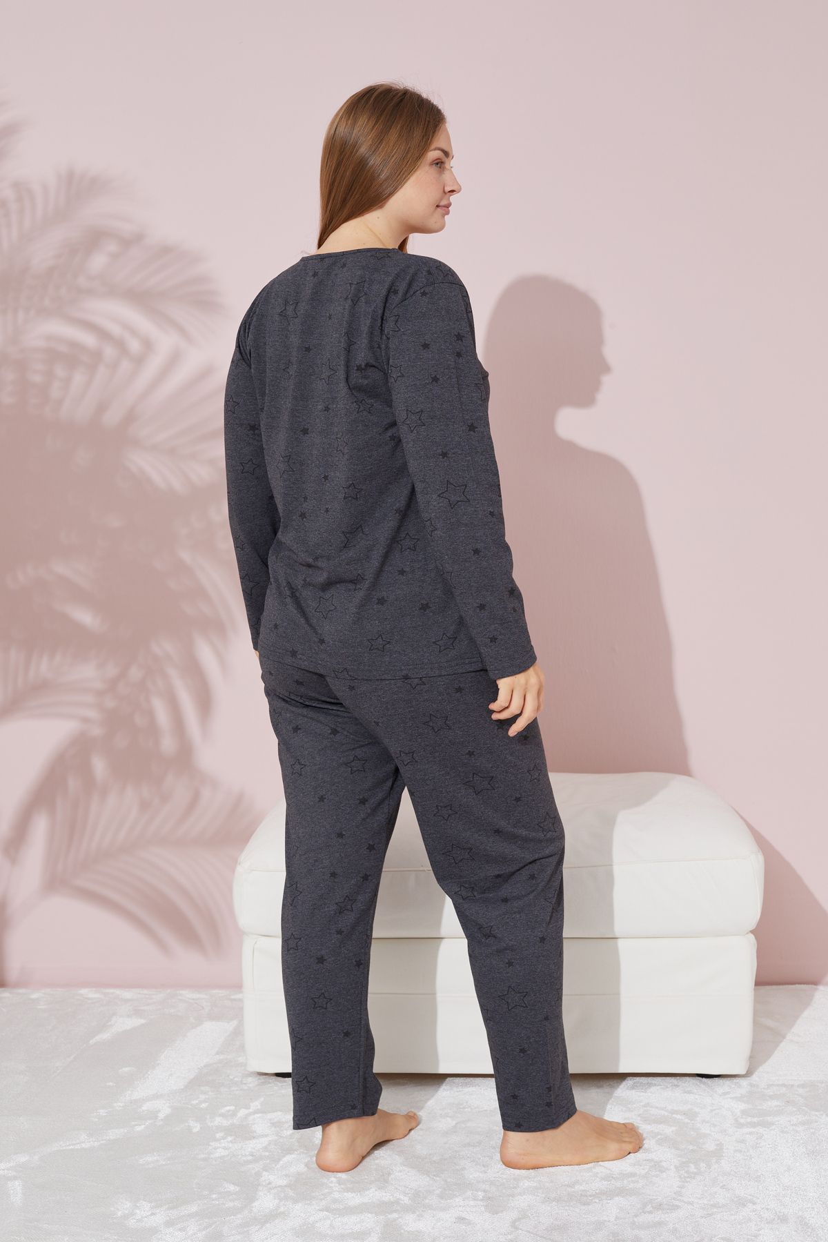 Siyah İnci-Plus Size Anthracite Star Patterned Curve Cotton Pajama Set 3
