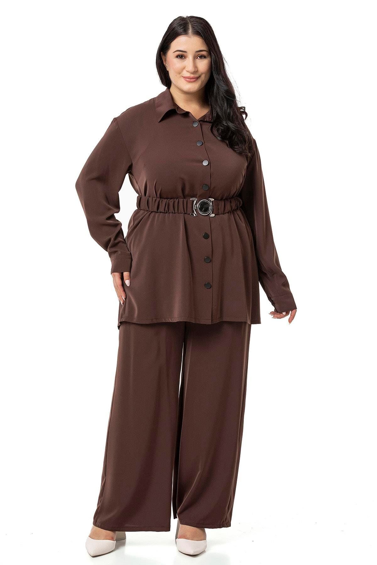 DISENTIS MODEST Set Două Piese Maro - Cămașă Și Pantaloni Cu Brâu Cu Talie Mare Femeie - 56