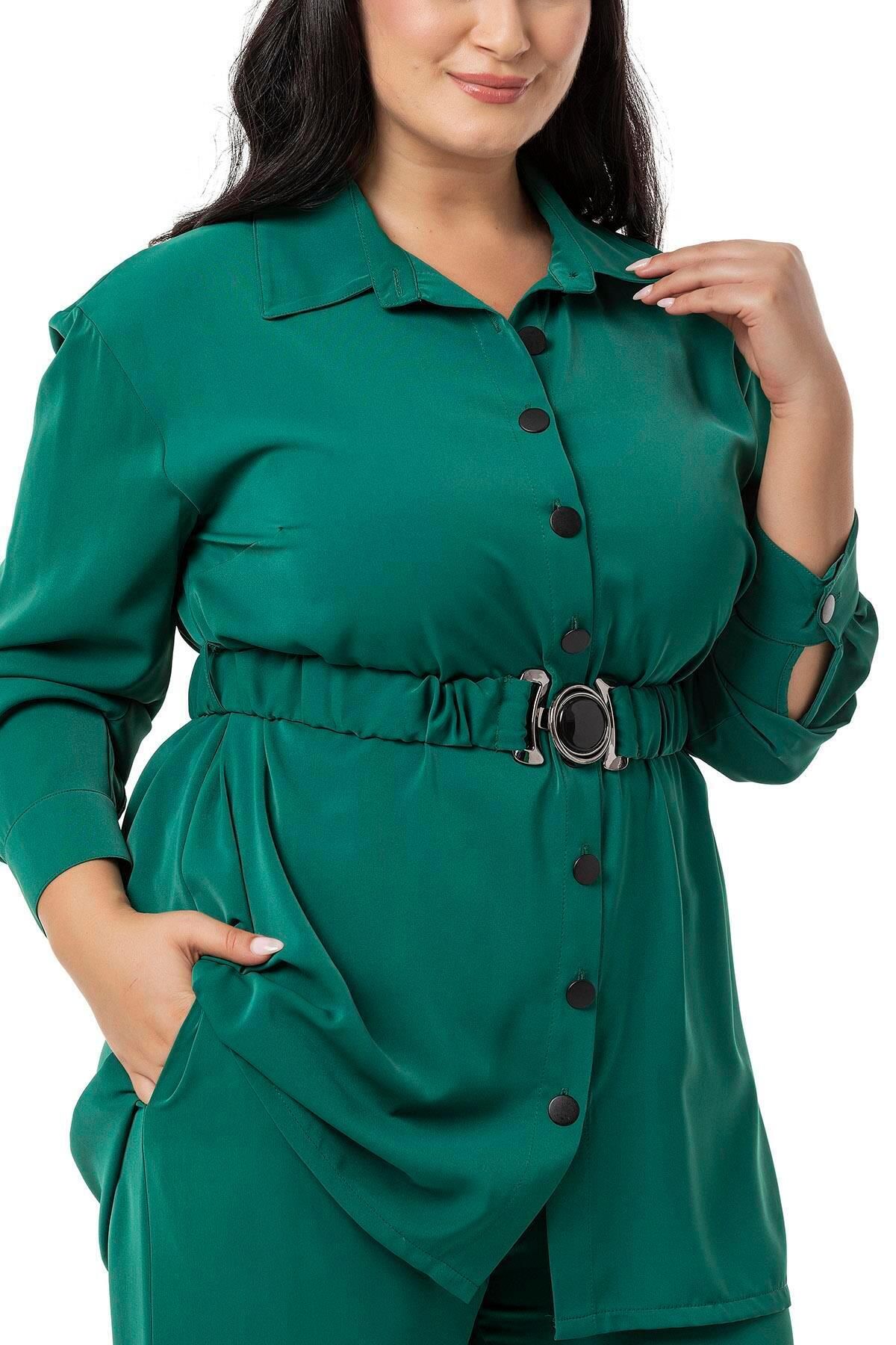 DISENTIS MODEST-Emerald Shirt and Trousers Set - Plus Size, with Belt 5