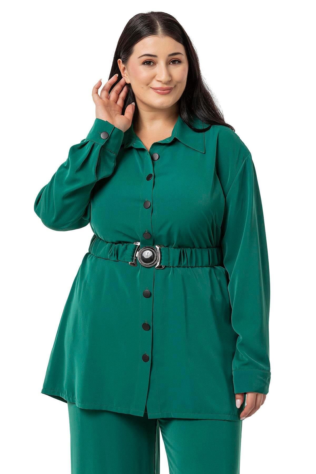 DISENTIS MODEST-Emerald Shirt and Trousers Set - Plus Size, with Belt 2