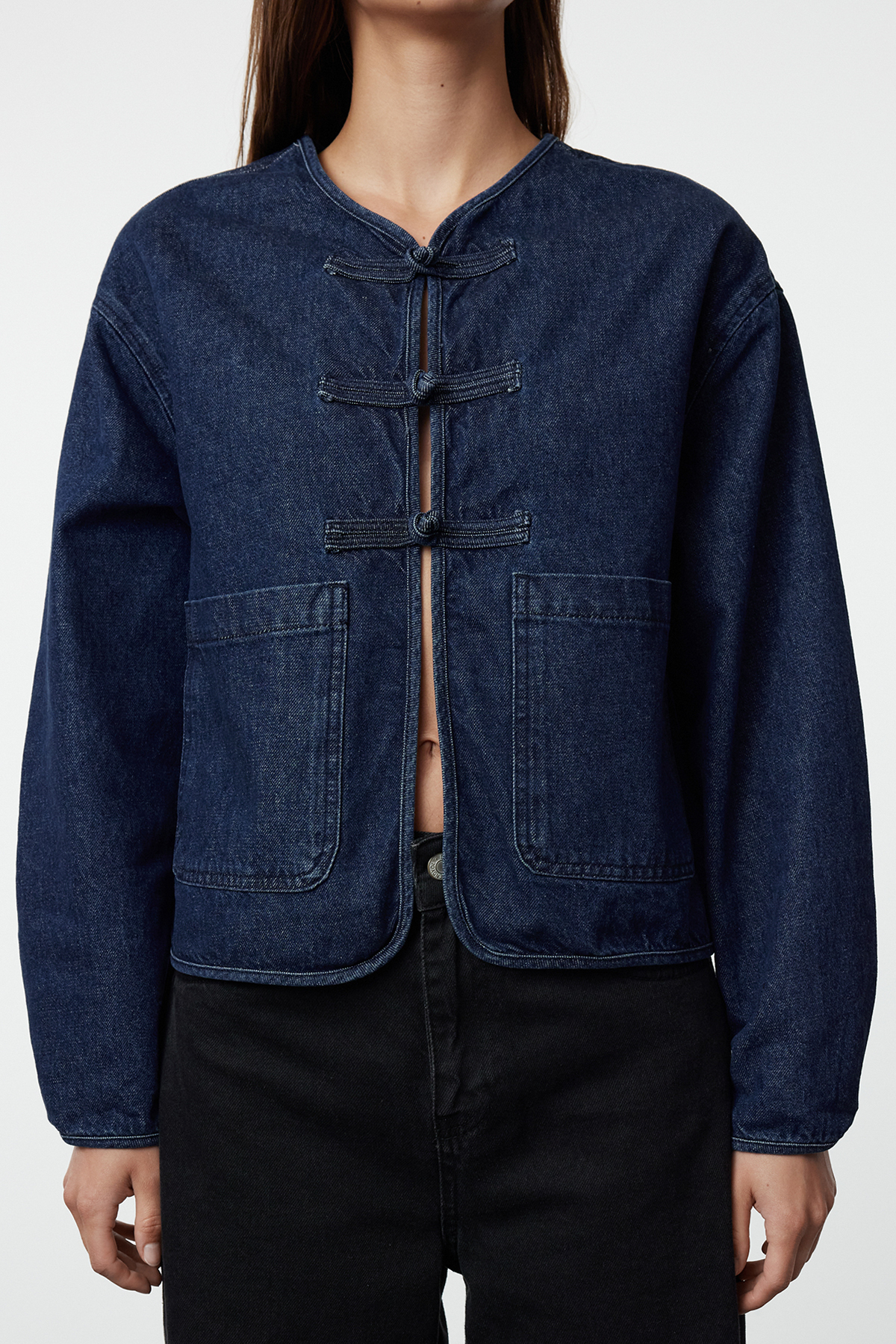  TRENDYOLM?LLA Koyu Mavi More Sustainable ?nden Ba?lamal? Oversize Denim Ceket