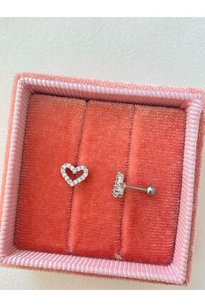h&b design jewel Silver Rengi Cerrahi Çelik Silver Yassı Kalp Tragus Kıkırdak...