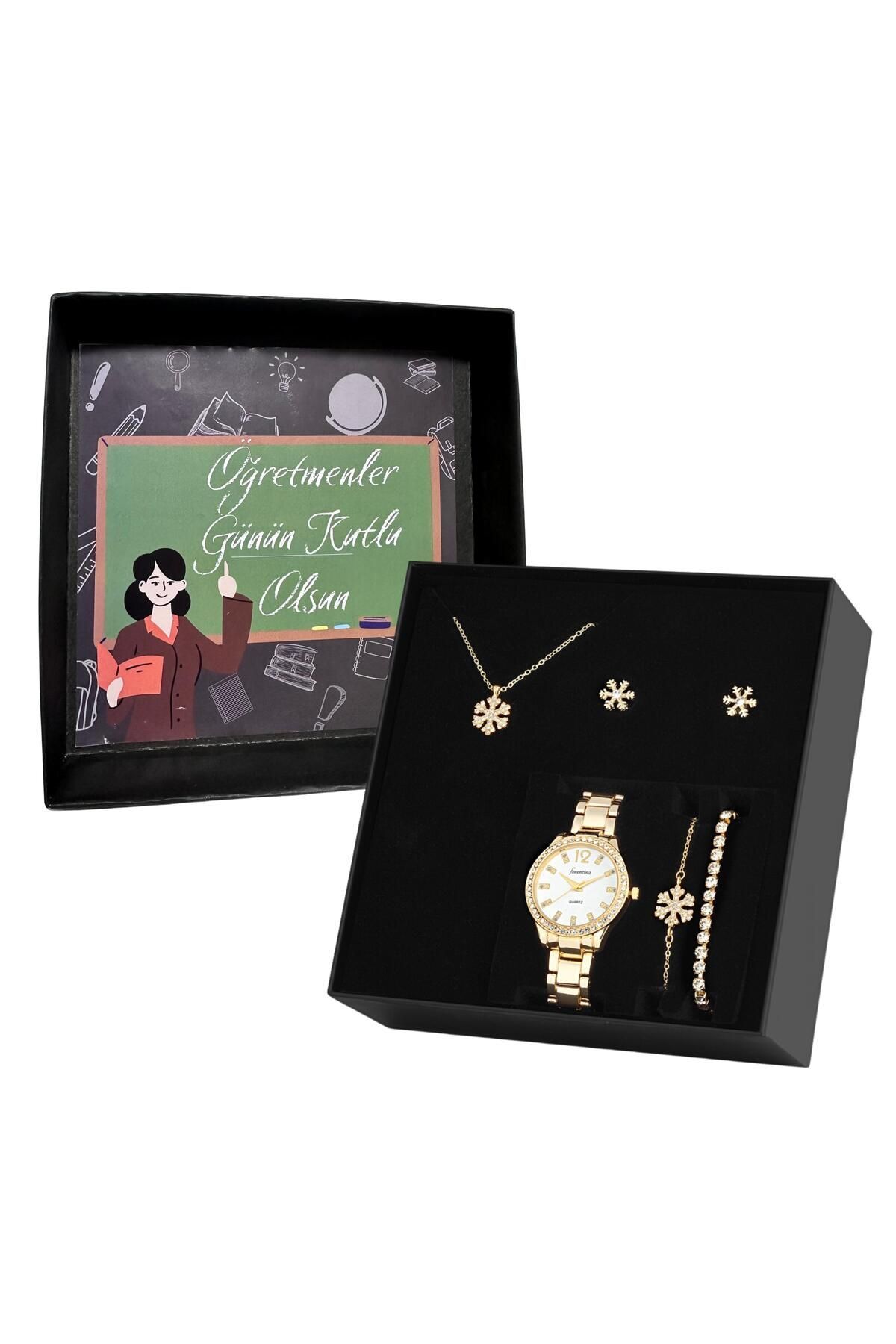 Forentina Altın Kaplama Kar Tanesi Kolye Küpe Bileklik Saat Öğretmenler Günü Hediye Set PS3208