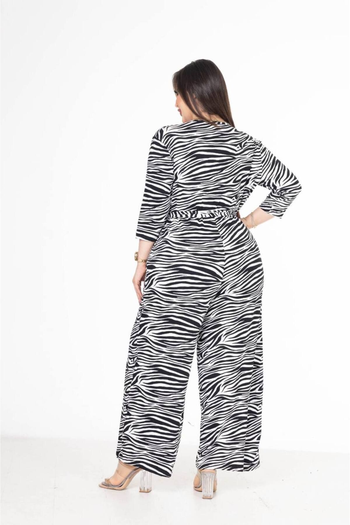 garajmood-Zebra Patterned Plus Size Double Breasted Collar Jumpsuit 8