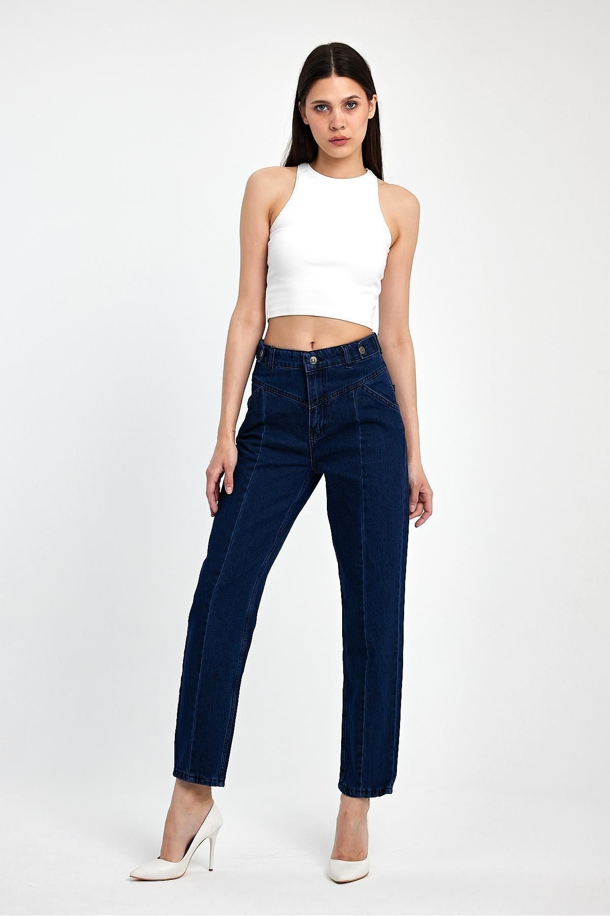 Basicpark-Denim drept 100% bumbac bleumarin - Detaliu cusaturi cu nervuri 4