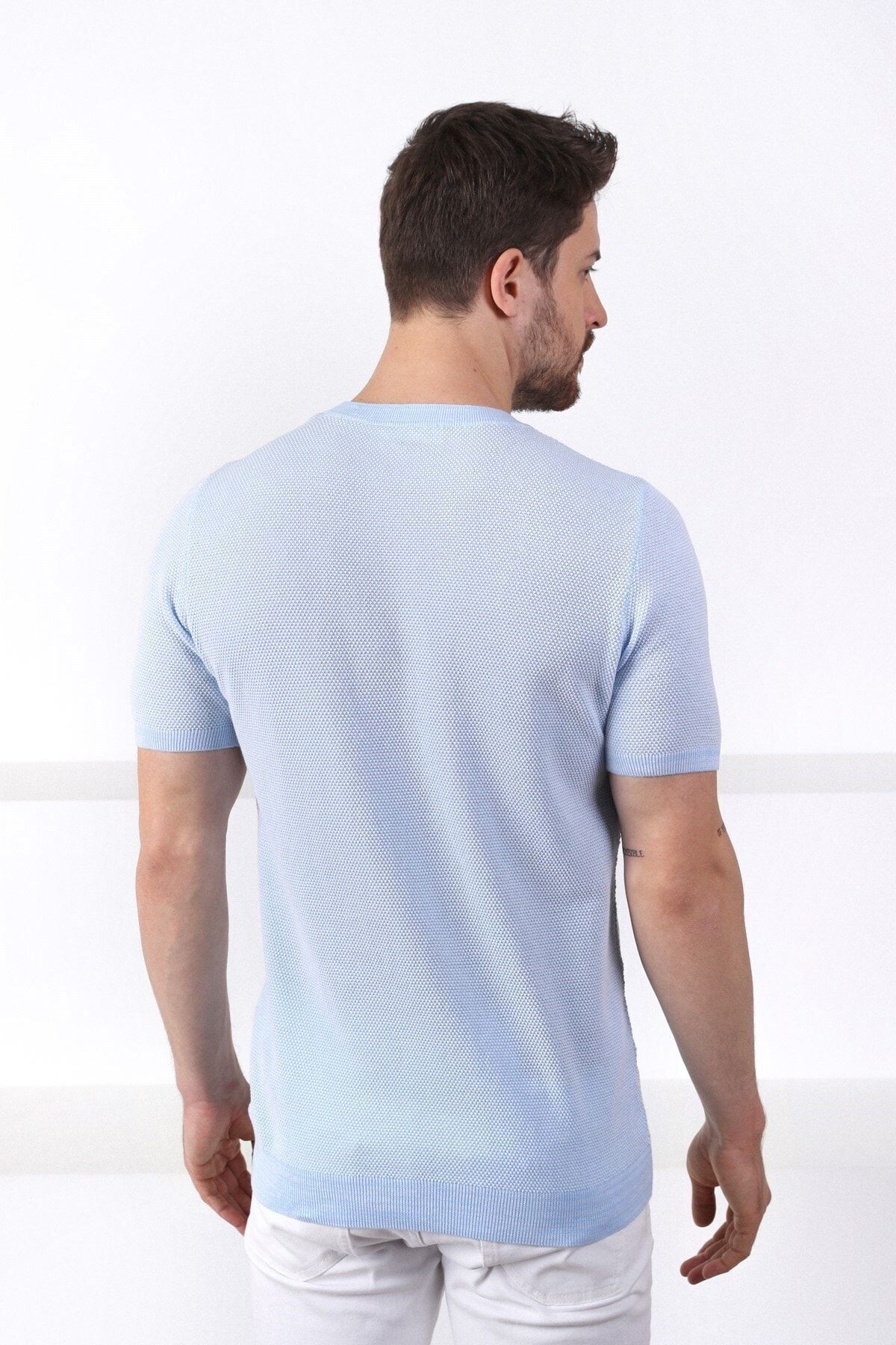 Ferraro-A.albastru/alb Tricou tricotat pentru bărbați, 100% bumbac, cu model cu ochiuri 5