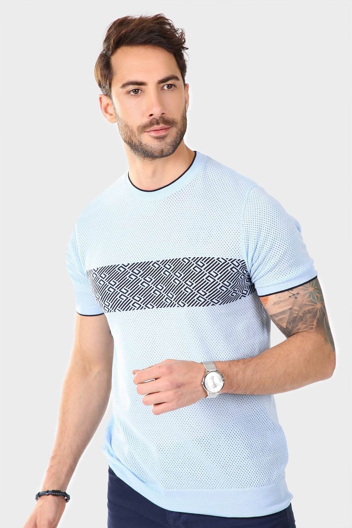 Ferraro-Tricou pentru bărbați, cu gât perforat, 100% bumbac, tricotaj - albastru bleumarin 6