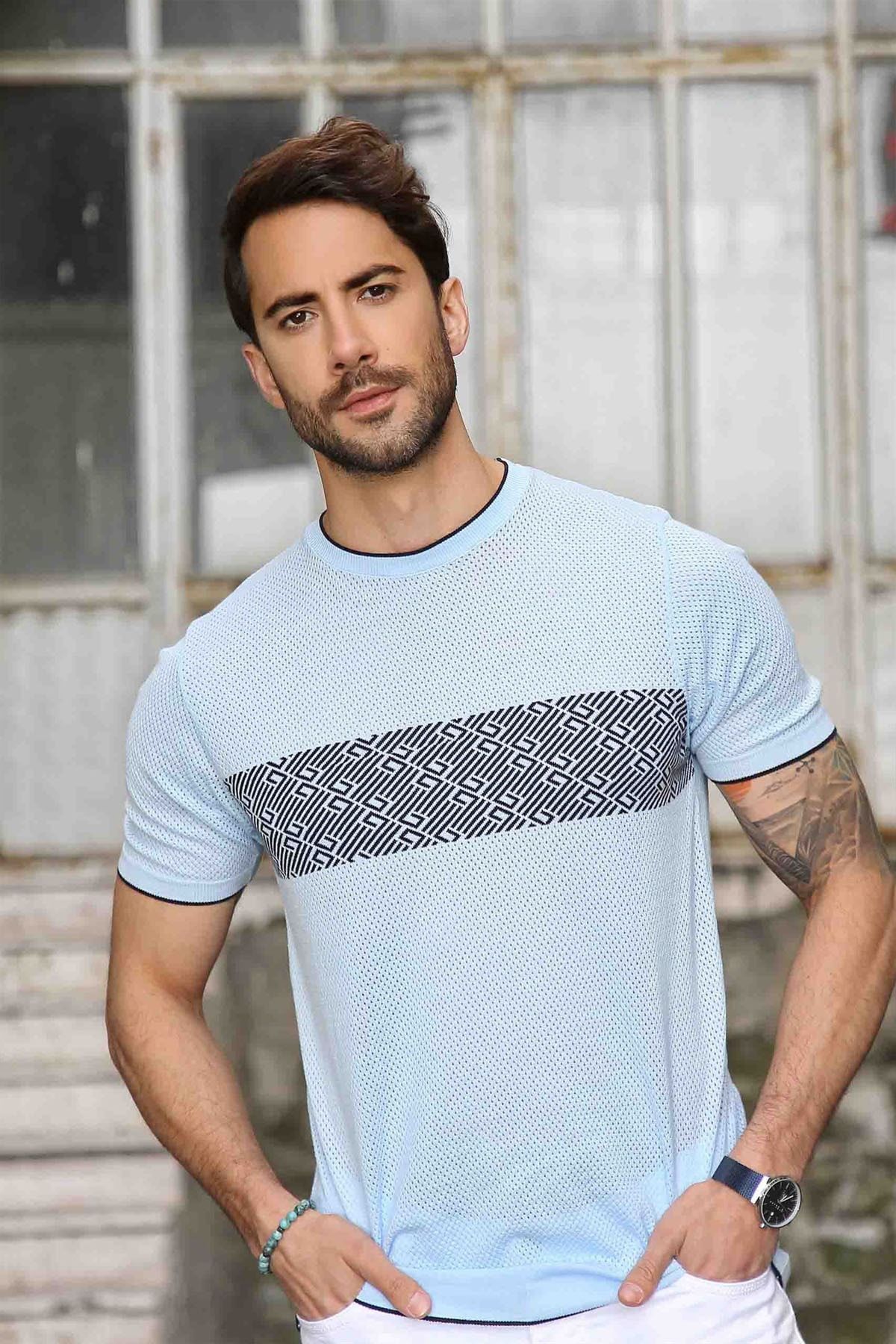 Ferraro-Tricou pentru bărbați, cu gât perforat, 100% bumbac, tricotaj - albastru bleumarin 3