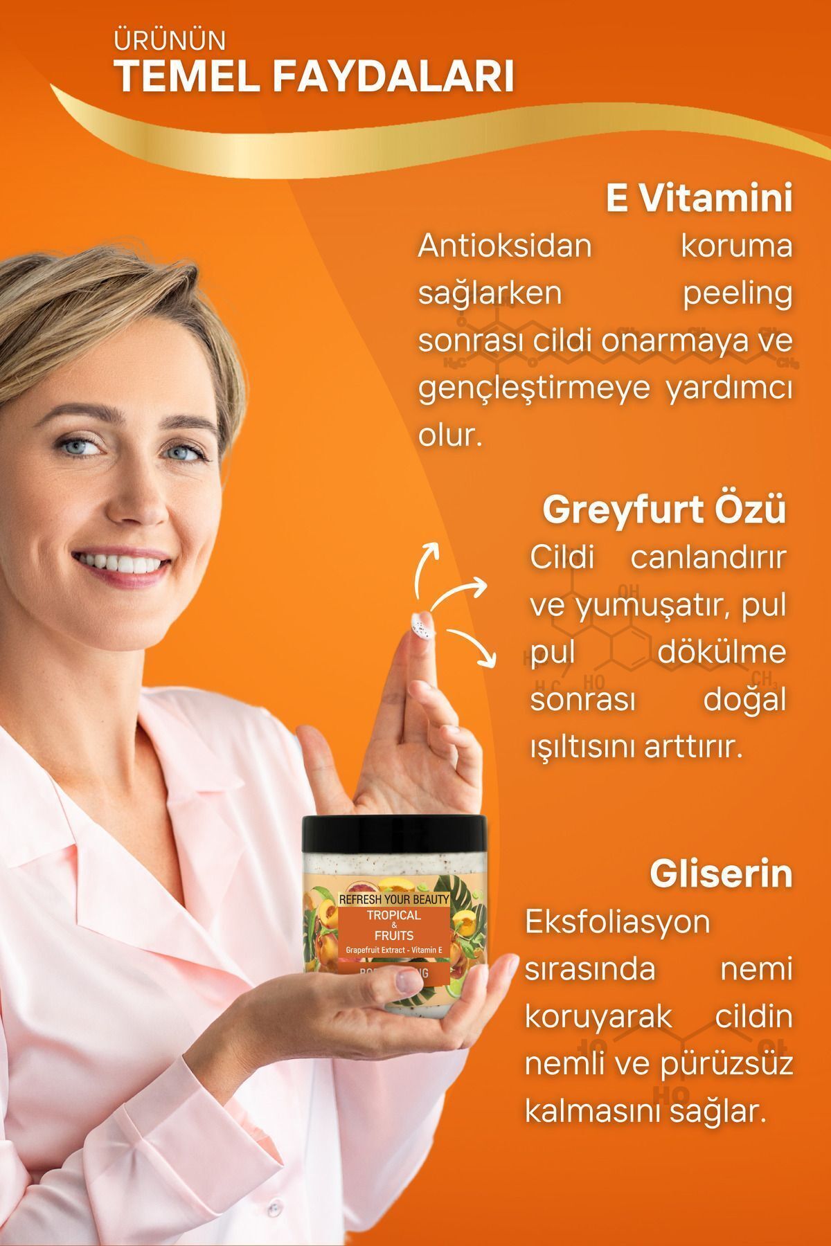 Tropikal Meyveli Vücut Peelingi, Greyfurt Özü ve E Vitamini ile Canlı Ferahlık, 500ml — ORS-BDYPLNG-06 — تصویر 5 از 8