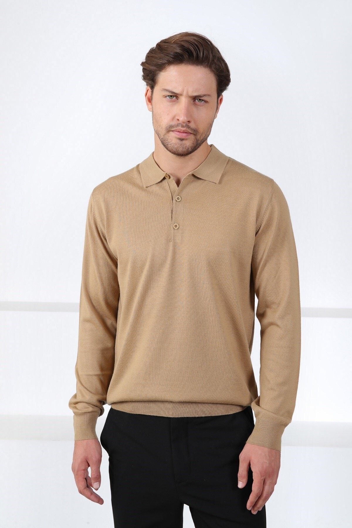 Ferraro-Pulover de tricotaj pentru bărbați cu guler polo Camel 3