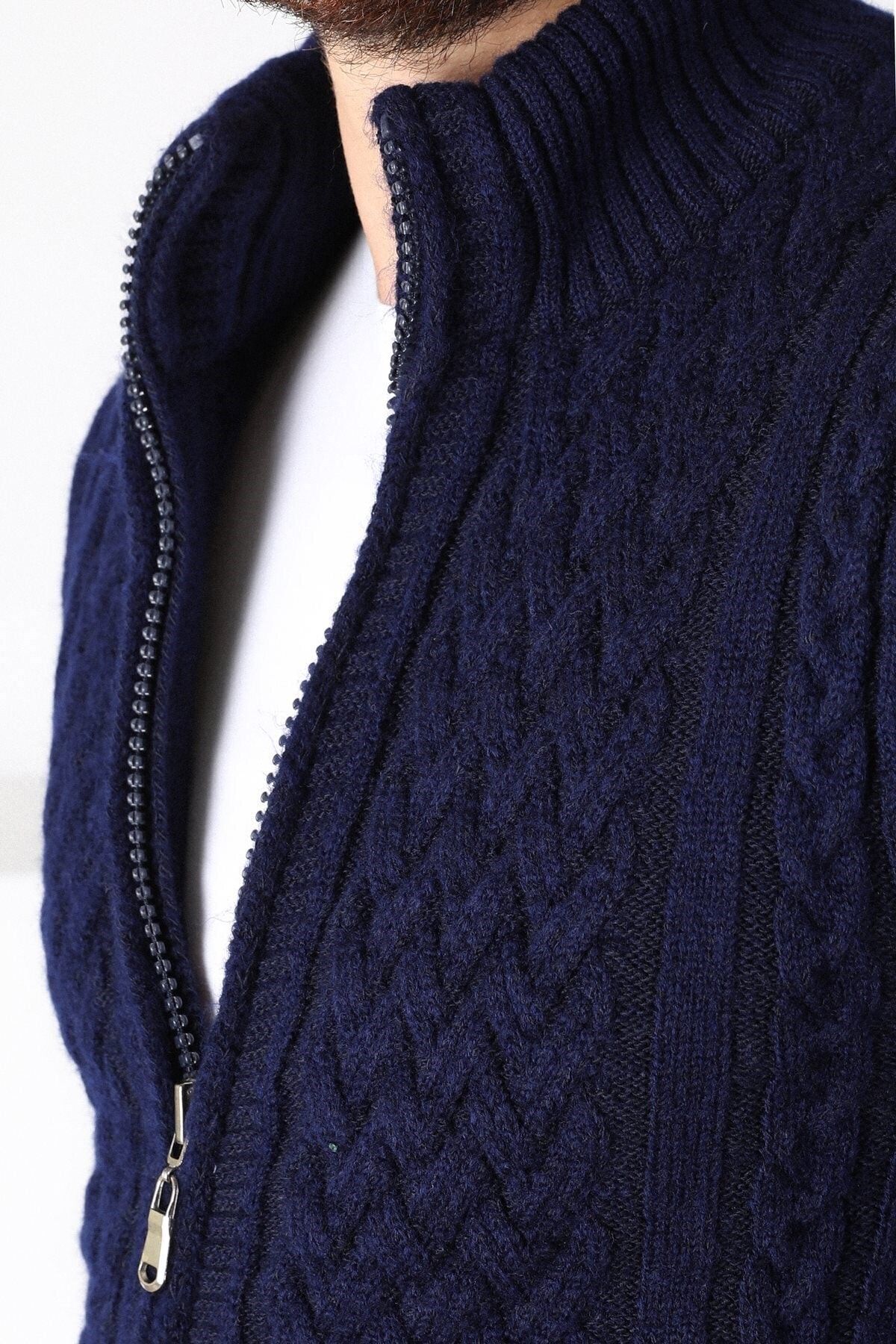 Ferraro  Erkek Lacivert Fermuarlı Kalın Yün Triko Hırka - Görsel 2