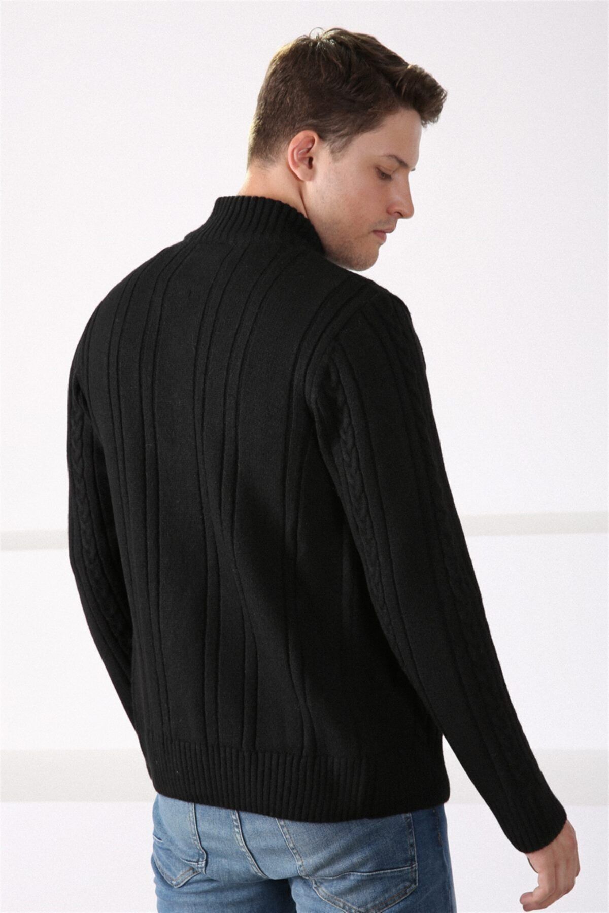 Ferraro  Erkek Siyah Fermuarlı Kalın Yün Triko Hırka - Görsel 6