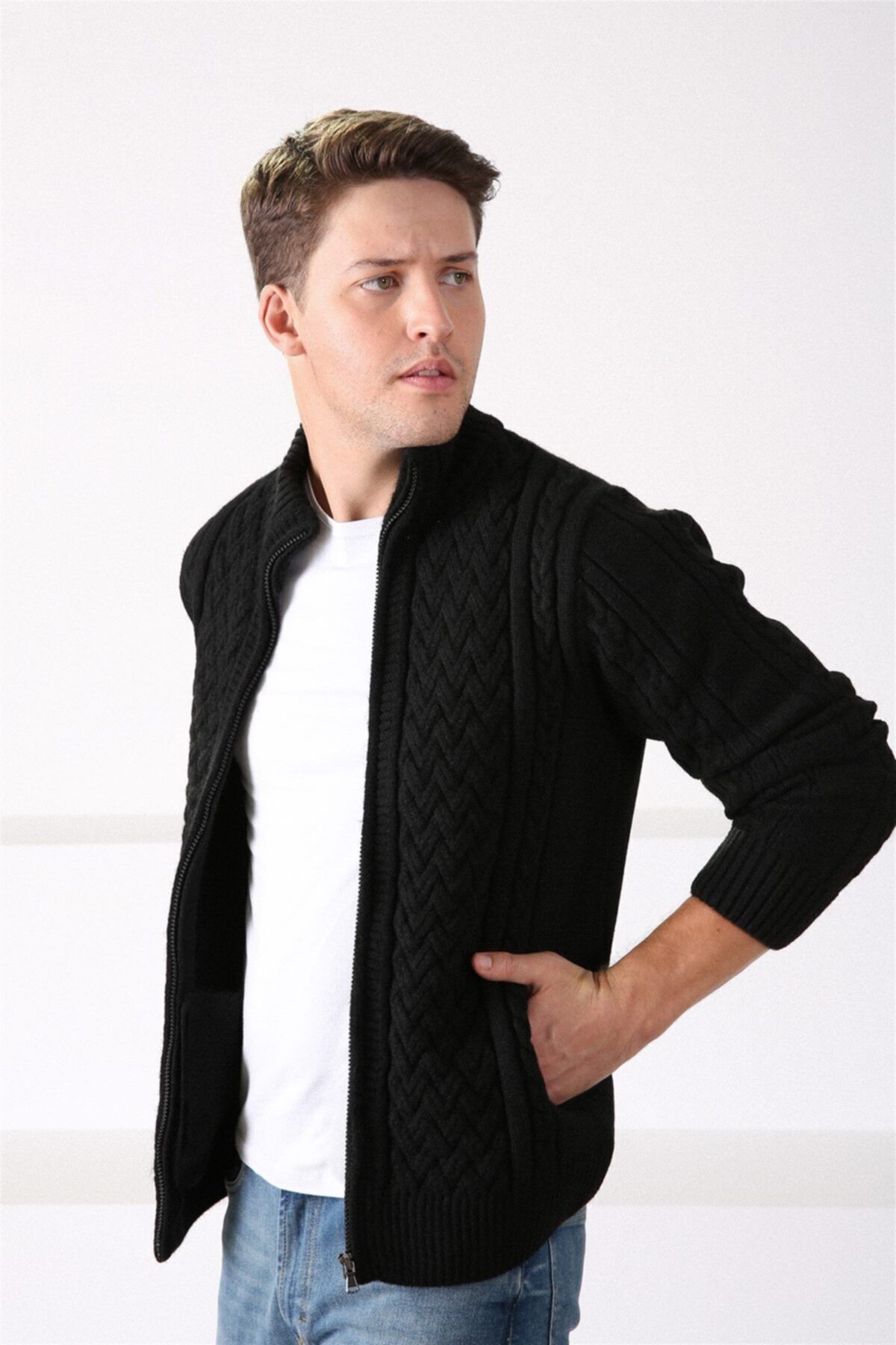 Ferraro  Erkek Siyah Fermuarlı Kalın Yün Triko Hırka - Görsel 2