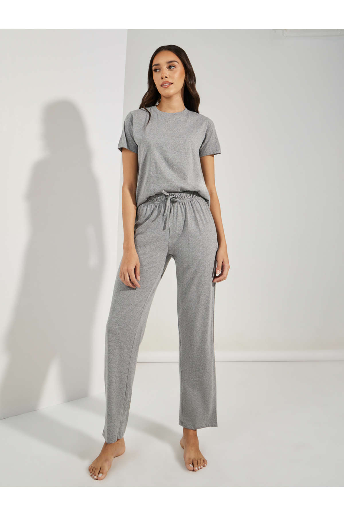 Styli Solid Cotton T-Shirt & Straight Pyjama Set