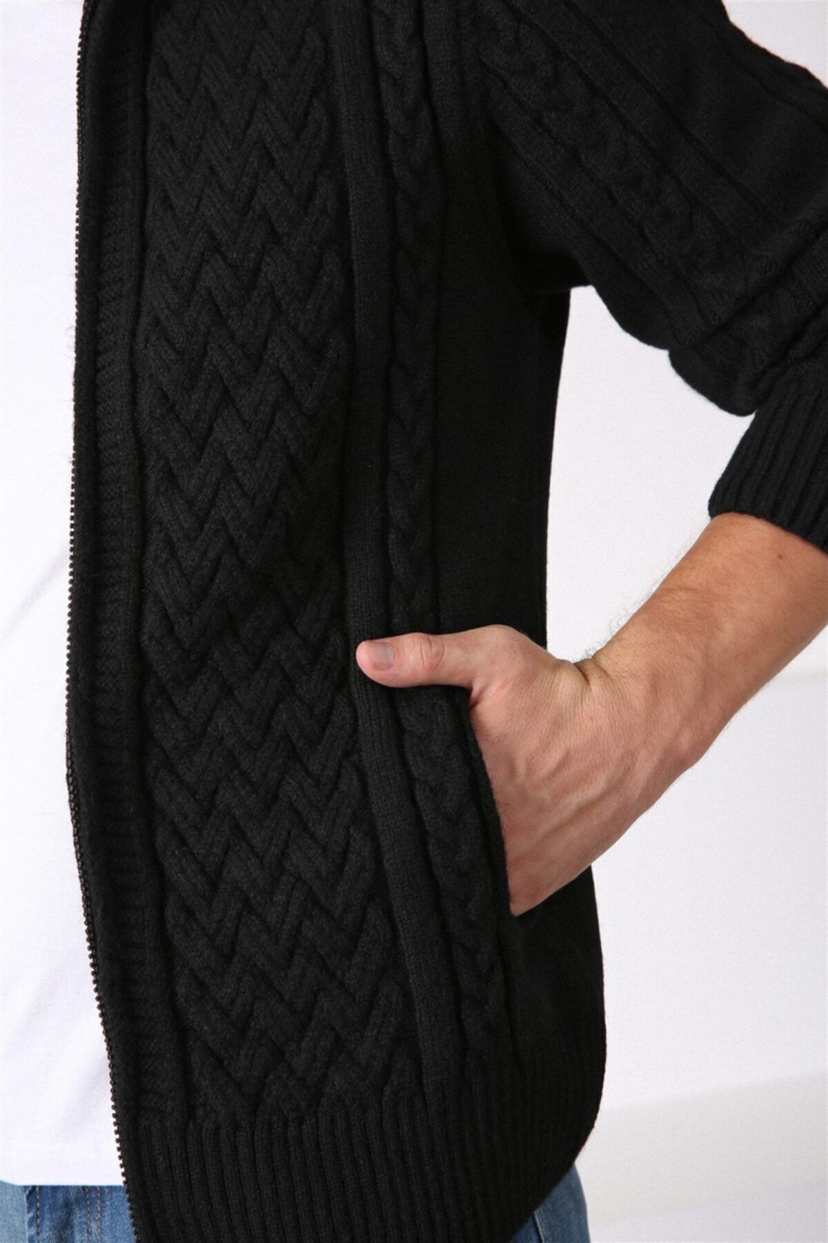 Ferraro  Erkek Siyah Fermuarlı Kalın Yün Triko Hırka - Görsel 3