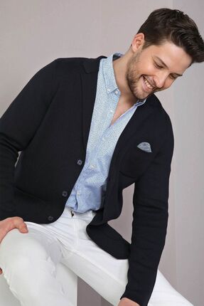 Ferraro Erkek Lacivert Üç Düğmeli Ince Pamuk Triko Ceket