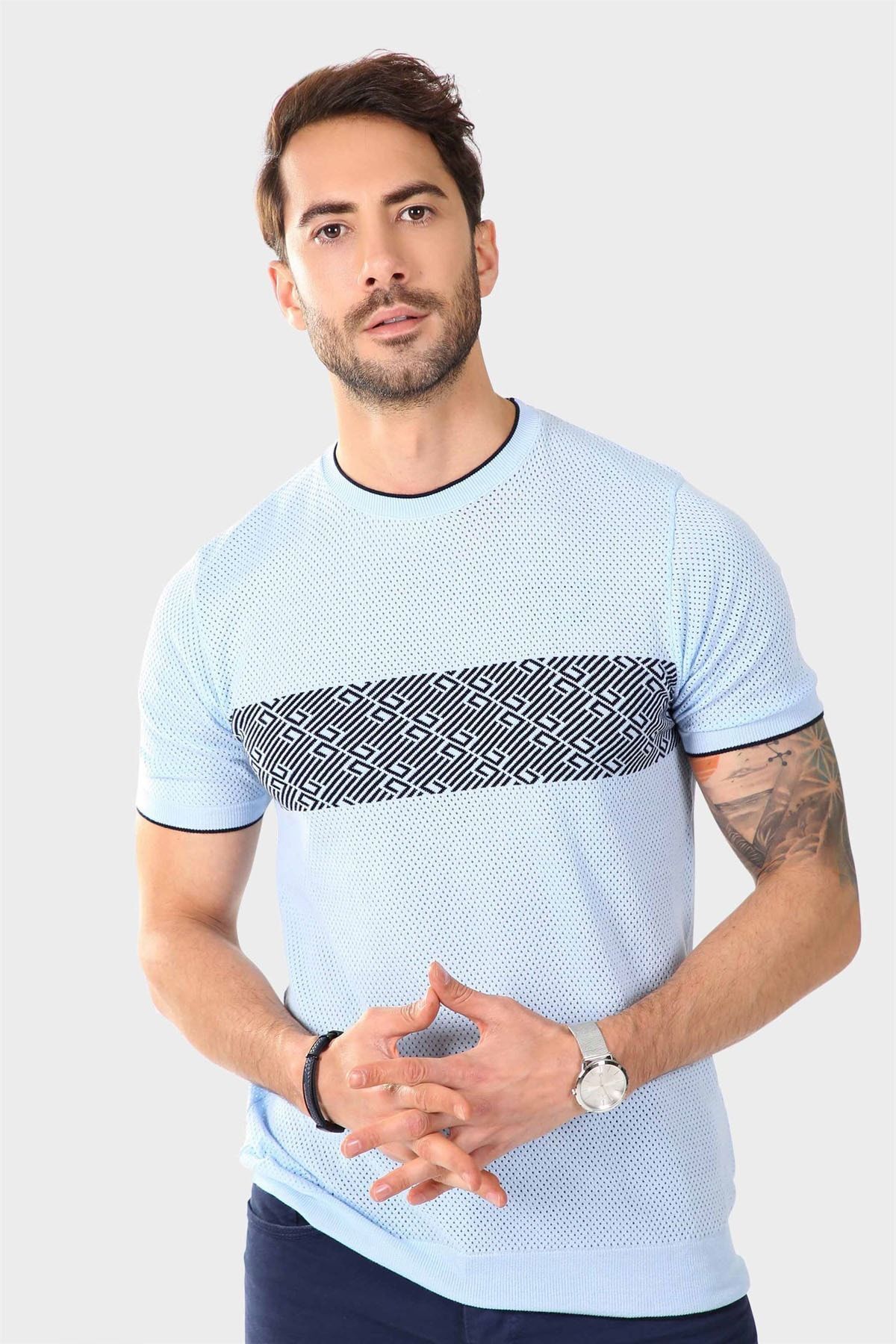 Ferraro-Tricou pentru bărbați, cu gât perforat, 100% bumbac, tricotaj - albastru bleumarin 7