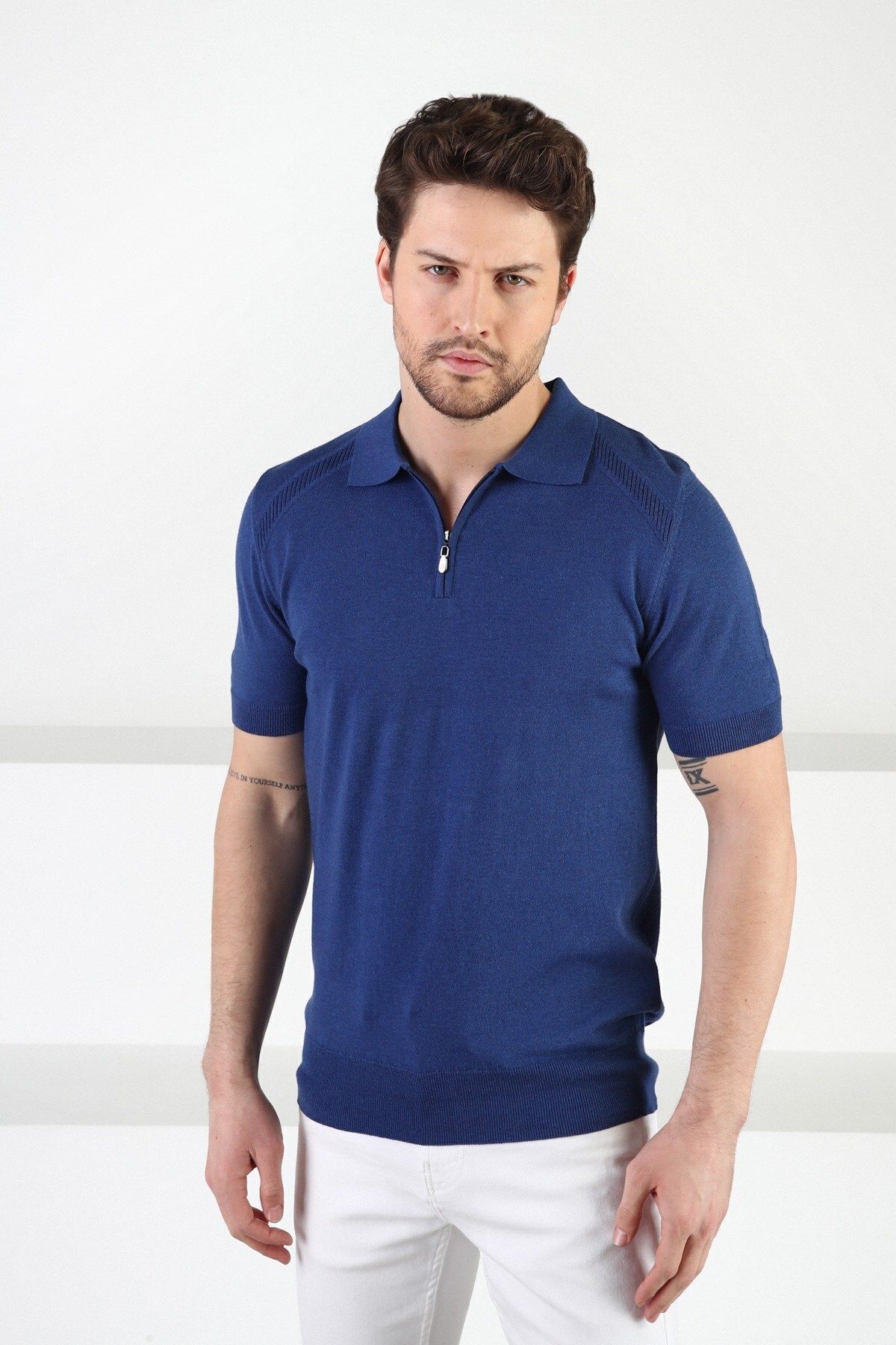 Indigo Zippered Polo Neck 100% Cotton Men's Knitwear T-shirt