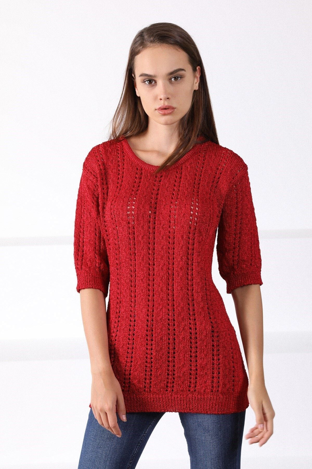 Ferraro-Women's Red Round Neck Openwork Knitwear Sweater 3