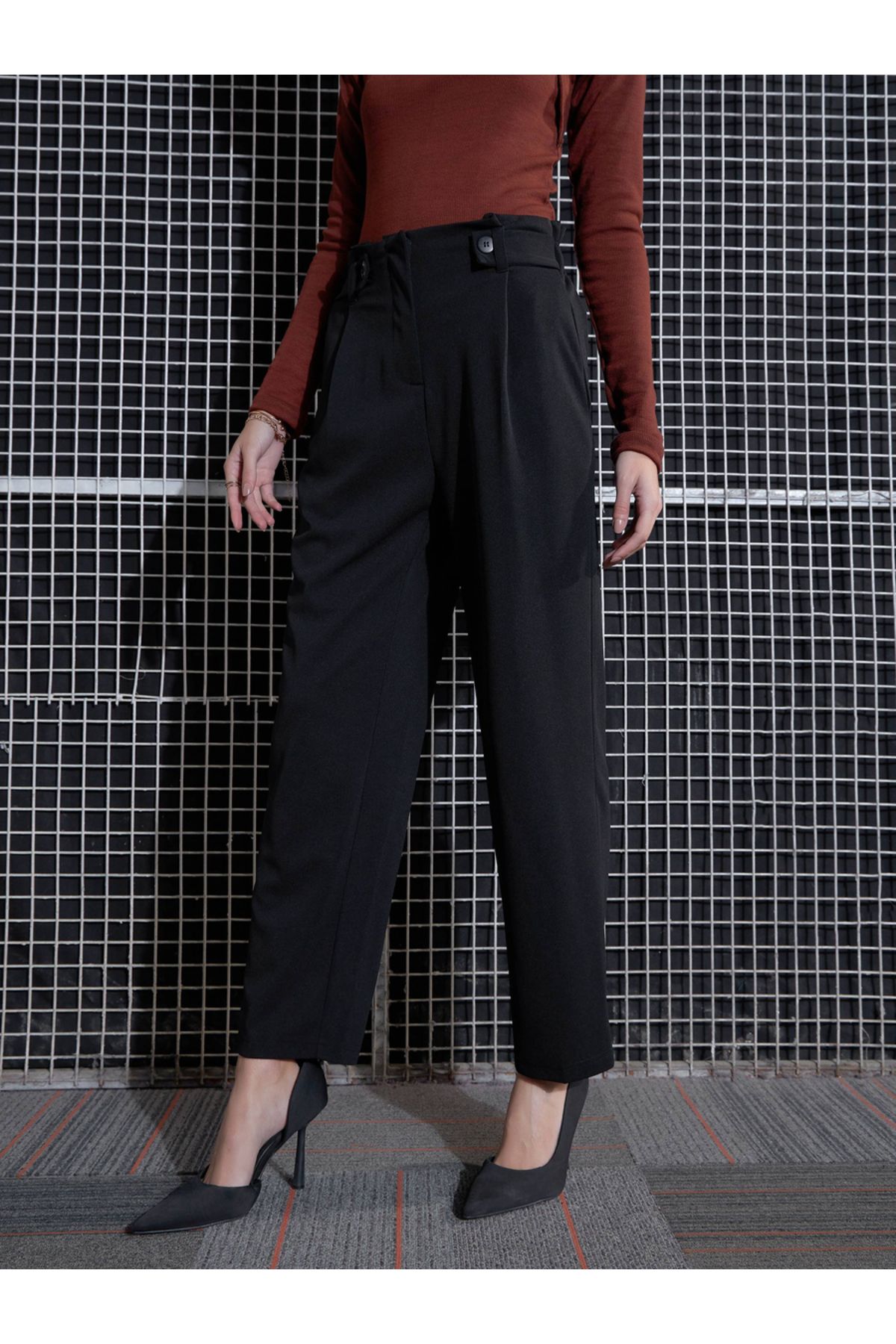 Sassafras By Styli-Front Button Paperbag Waist Pants 3