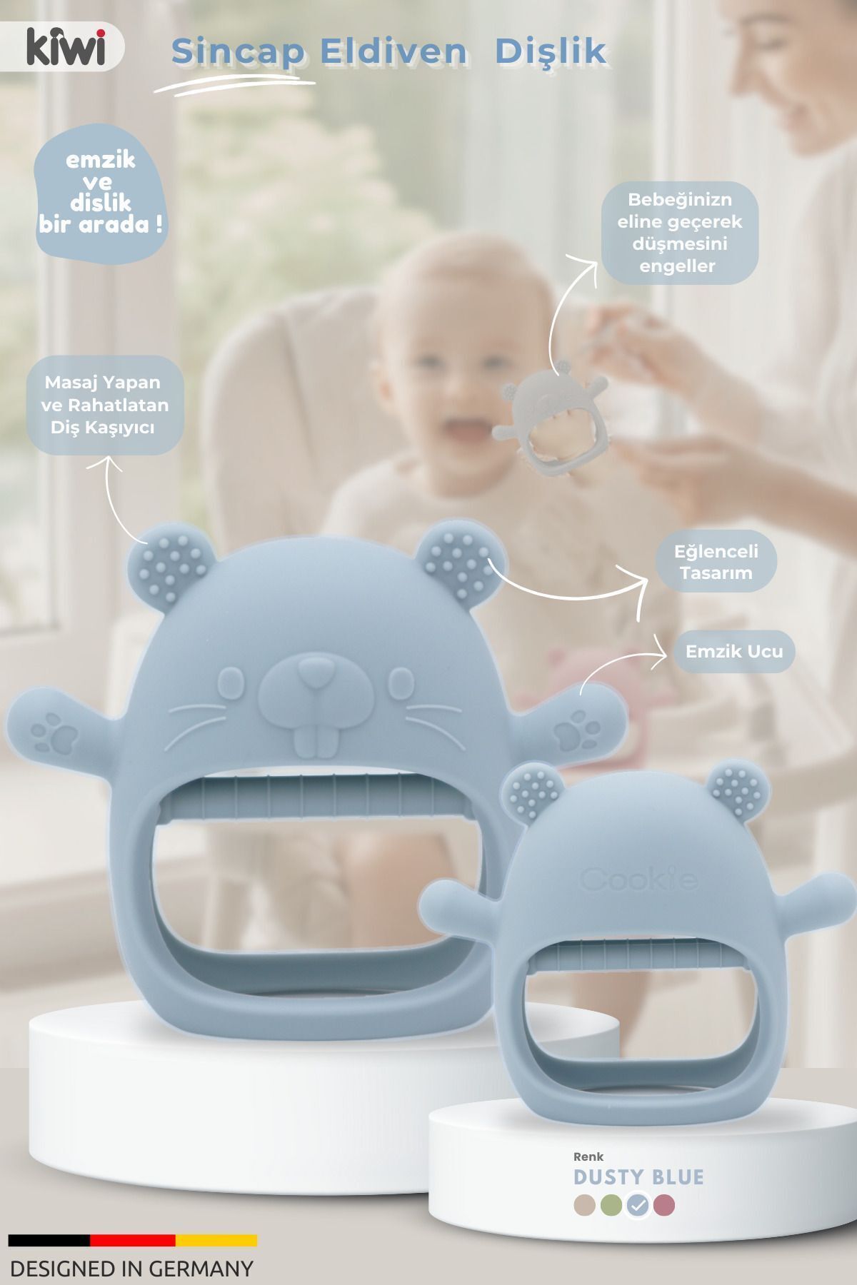 Kiwi Bebek Diş Kaşıyıcı, Emzik Uçlu Eldiven Şeklinde Oyuncak Sincap Dişlik, Dusty Blue Renk