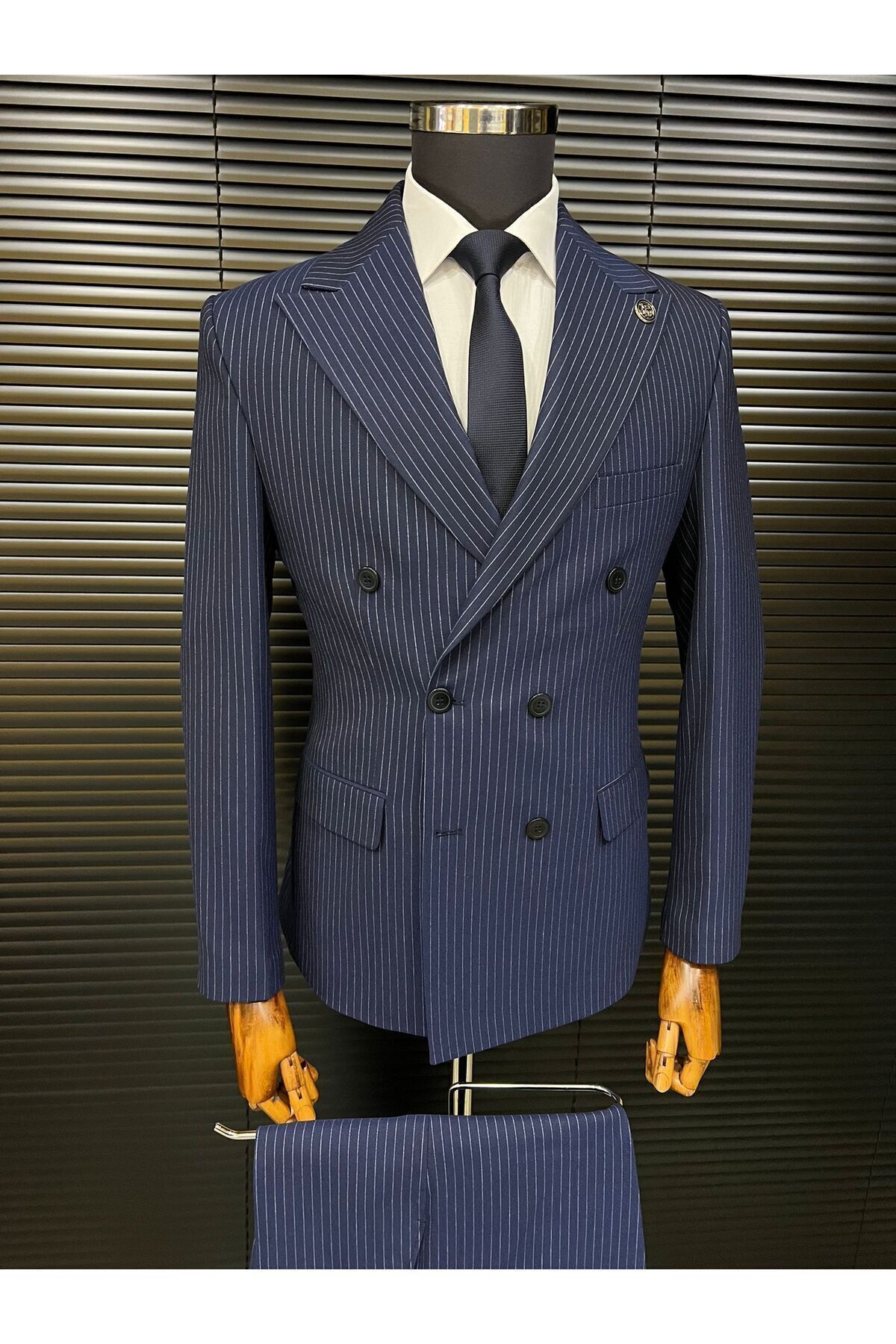 Terziayhan  lacivert slim fit çizgili kemik düğme kruvaze - Görsel 2