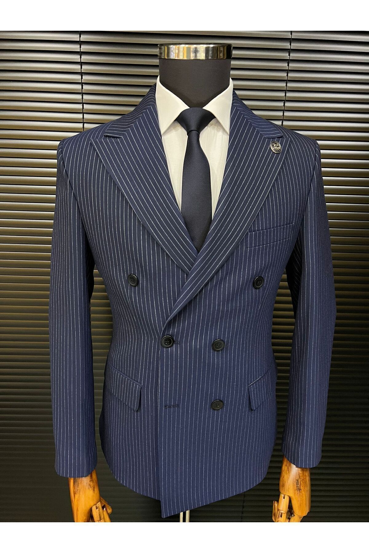 Terziayhan  lacivert slim fit çizgili kemik düğme kruvaze - Görsel 4