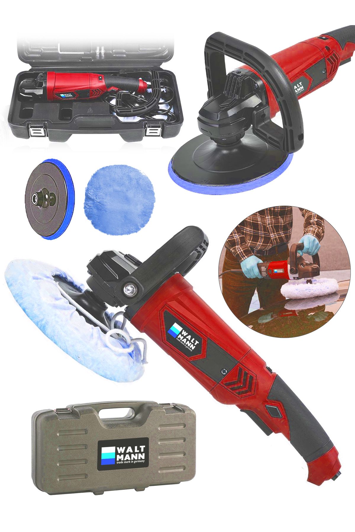 WaltMann Devir Ayarlı Polisaj Makinesi 1300 Watt 180mm 6 Kademeli Pasta Cila Kiti Hediye Kırmızı