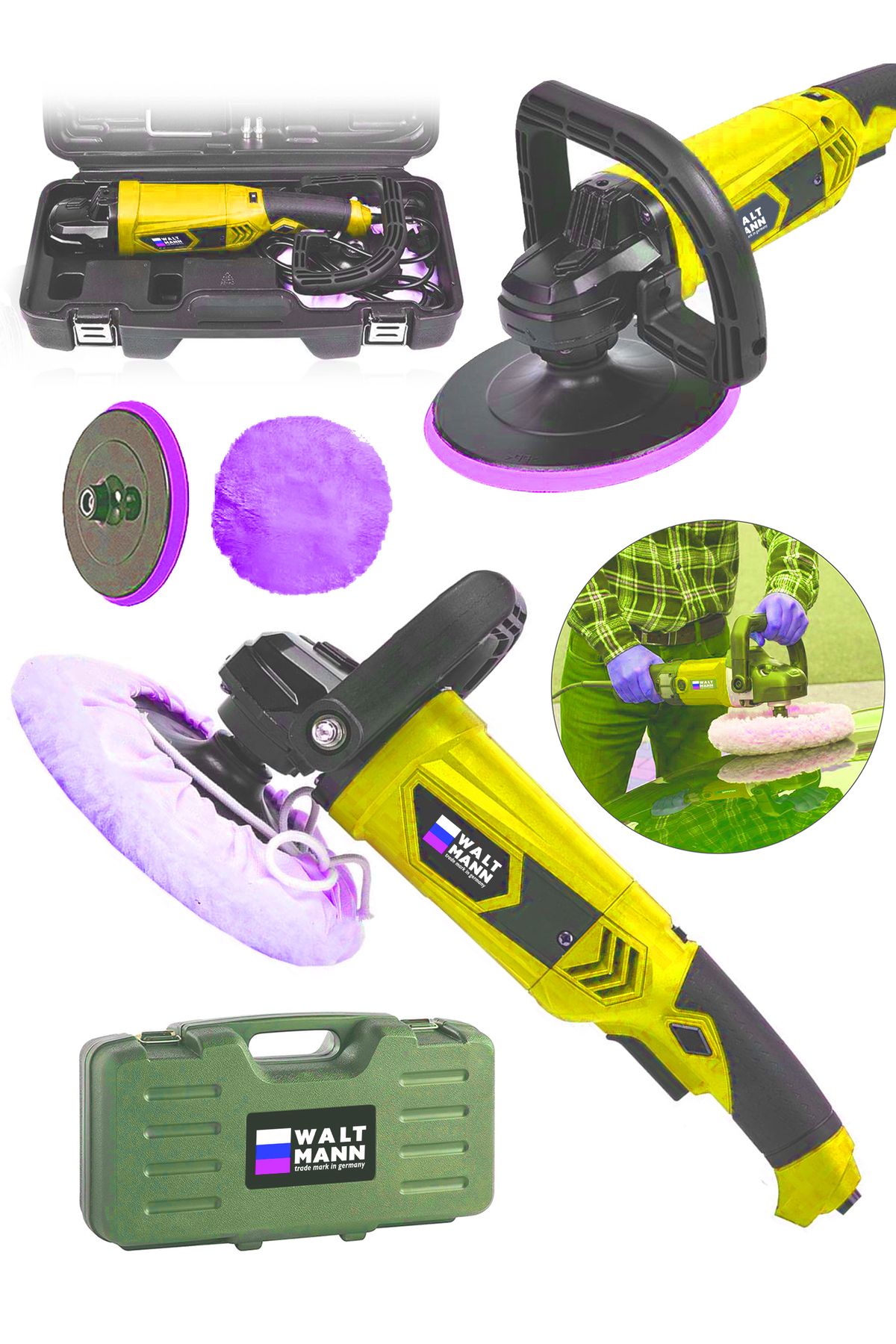 WaltMann Devir Ayarlı Polisaj Makinesi 1300 Watt 180mm 6 Kademeli Pasta Cila Kiti Hediye Sarı