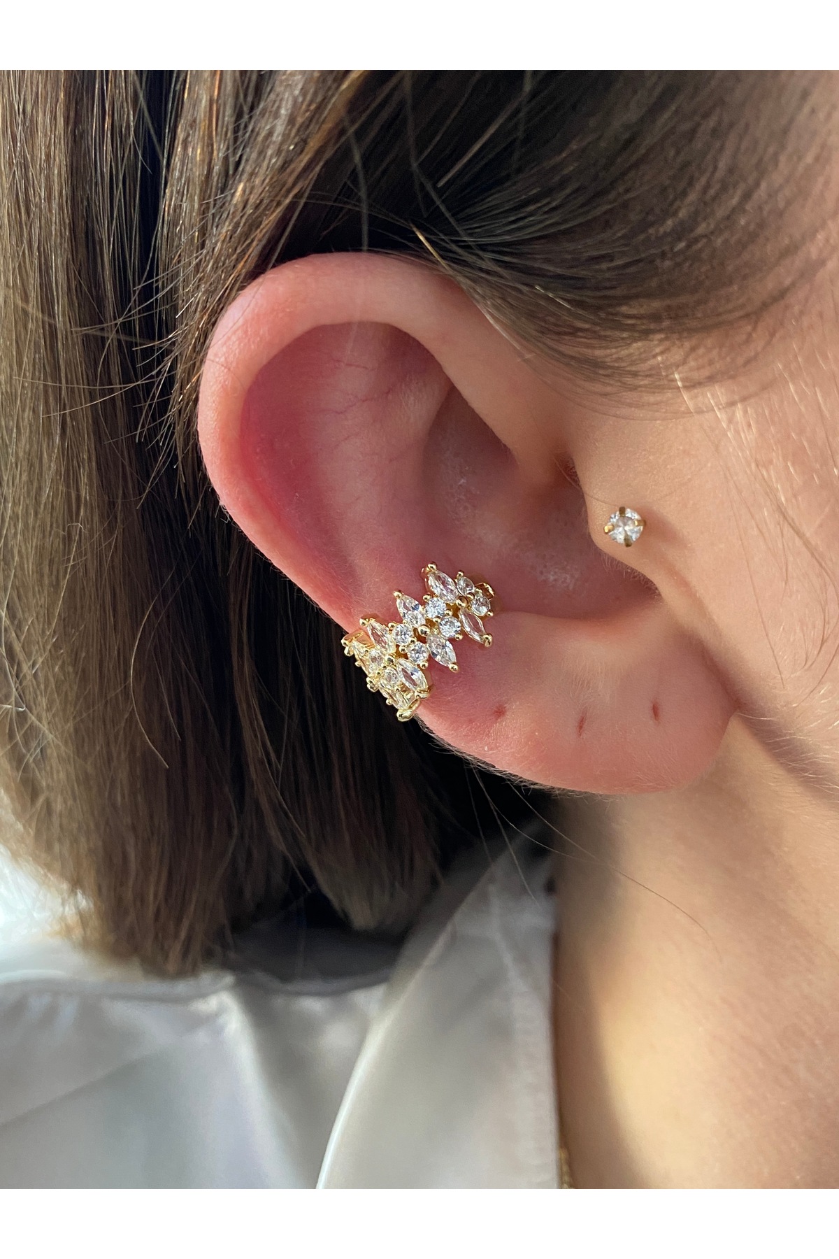 Oval Zirkon Taşlı Çift Taraflı Kadın Earcuff Kıkırdak Küpe 5