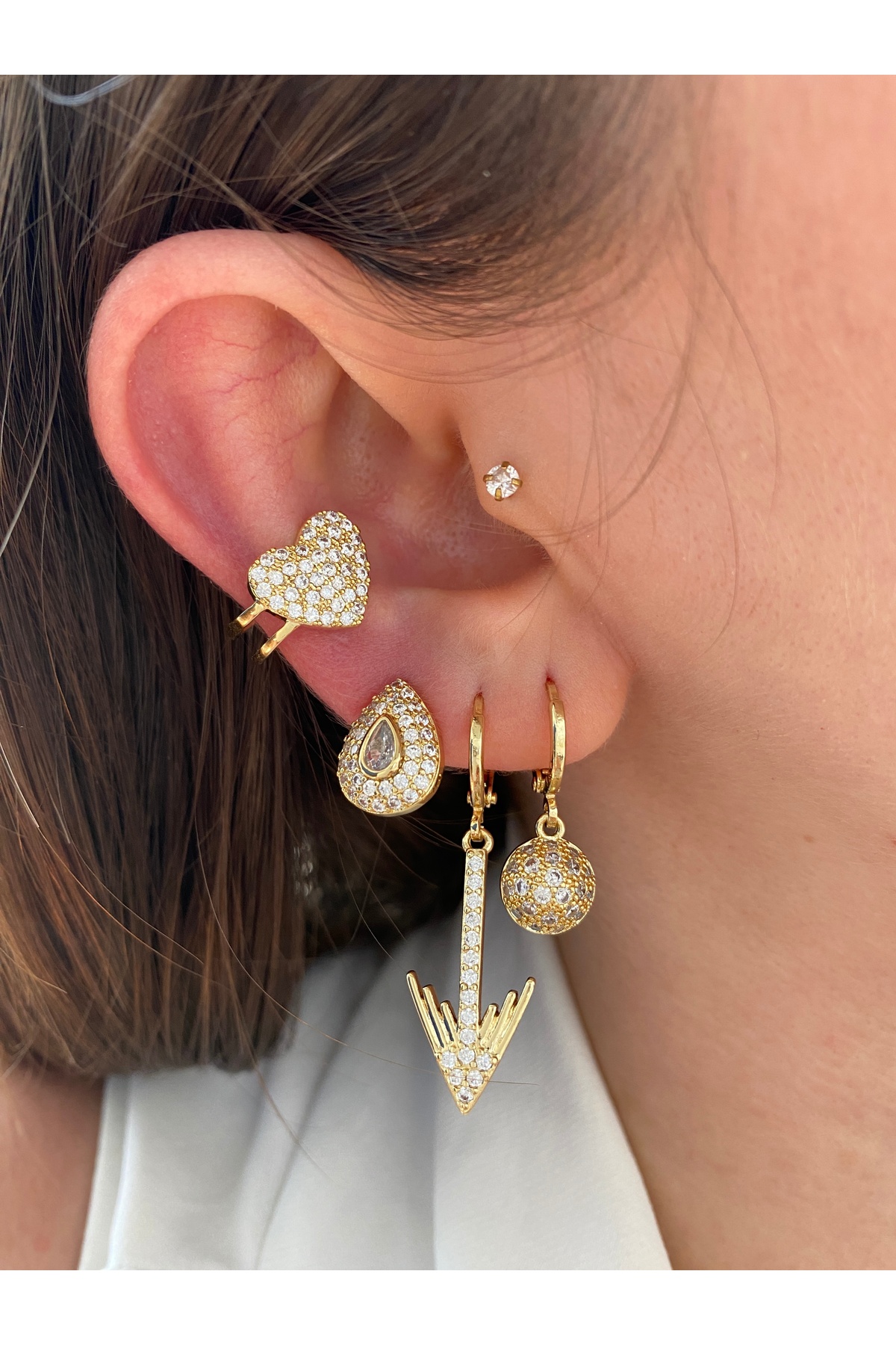 Zirkon Taşlı Kalp Kadın Earcuff Kıkırdak Küpe