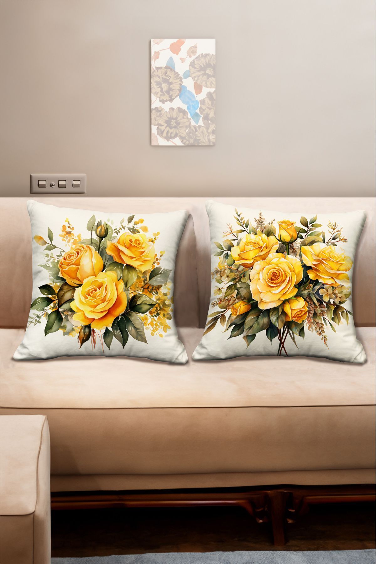 ah Dekor Nature Themed Floral Patterned 2 Piece Digital Printed Throw Pillow Cover in Cream Yellow Colors Trendyol