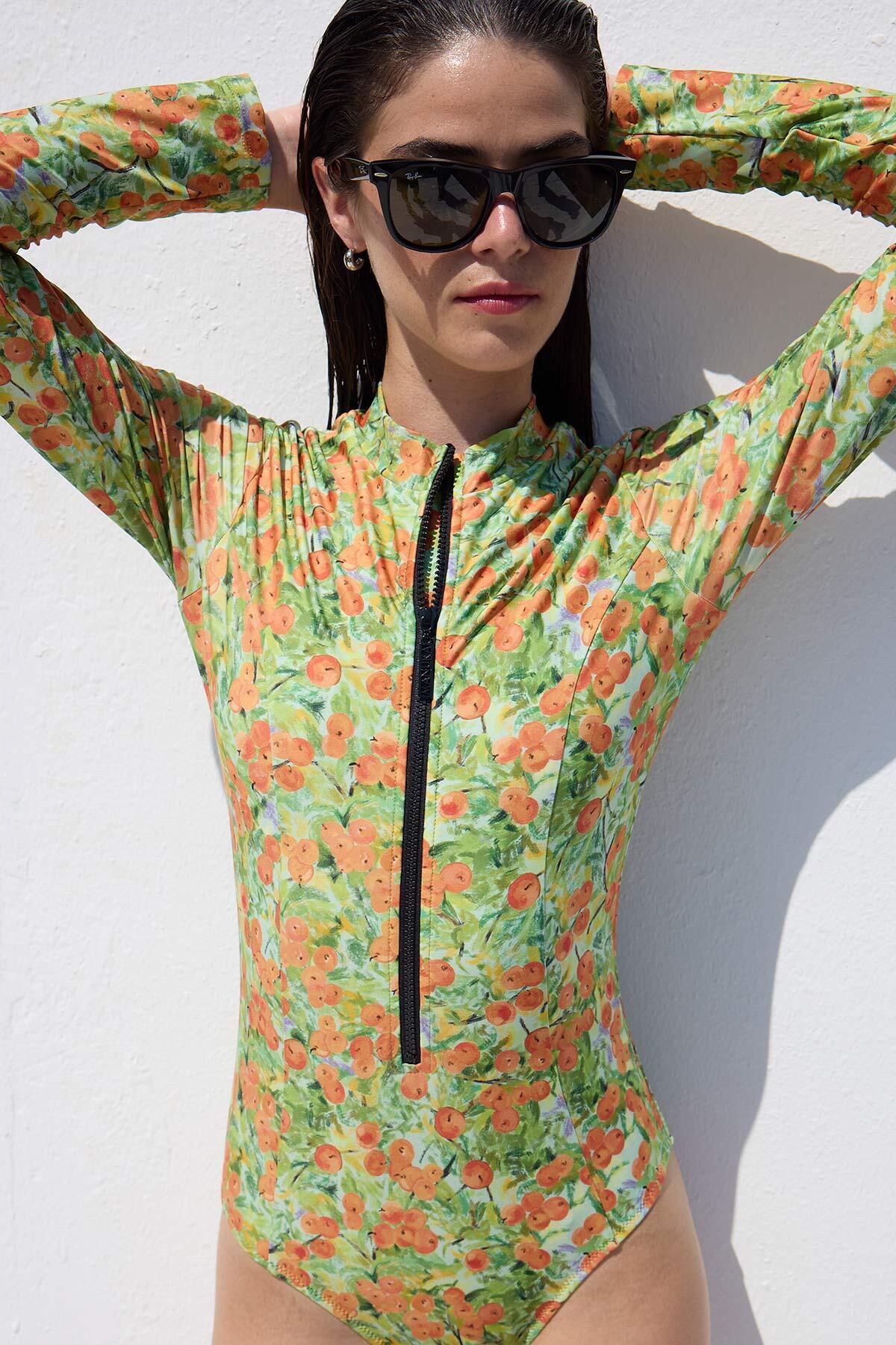 Manuka-PEACH Color Patterned Zippered Surfing Swimsuit 5