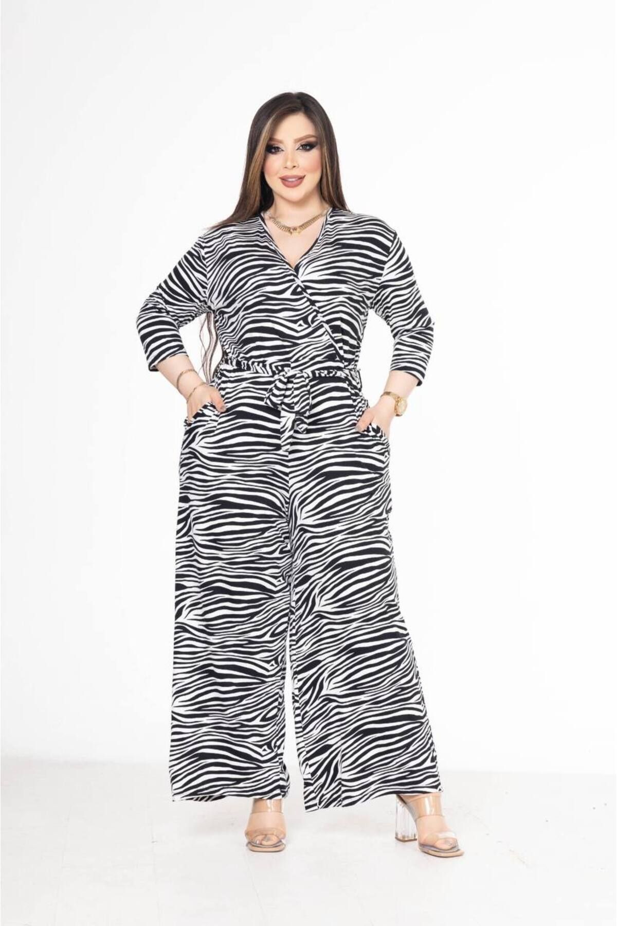 garajmood-Zebra Patterned Plus Size Double Breasted Collar Jumpsuit 7