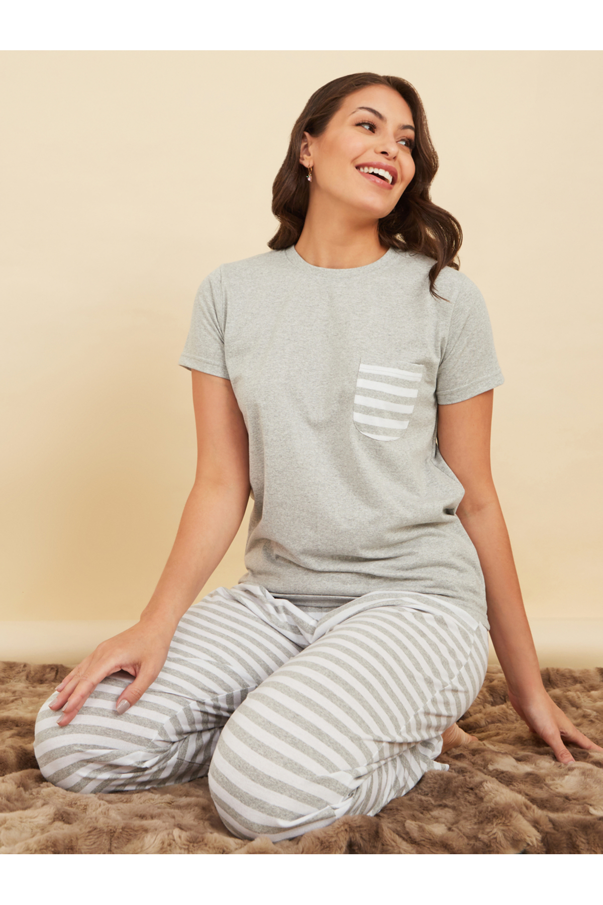 Styli Cotton Striped Pocket T-Shirt & Pyjama Set