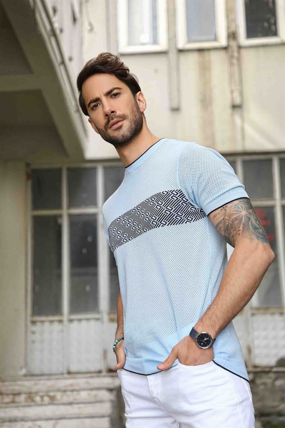 Ferraro-Tricou pentru bărbați, cu gât perforat, 100% bumbac, tricotaj - albastru bleumarin 1