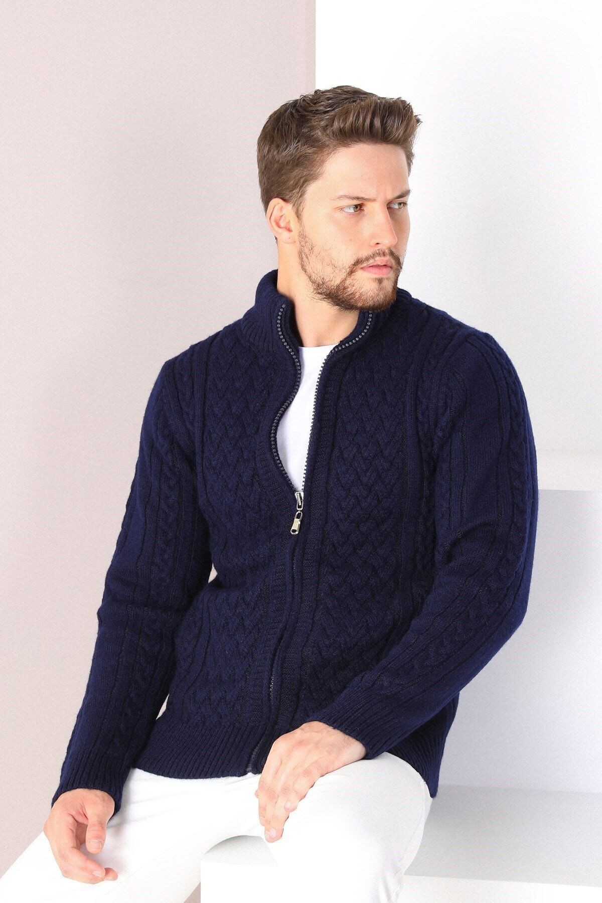 Ferraro  Erkek Lacivert Fermuarlı Kalın Yün Triko Hırka - Görsel 4