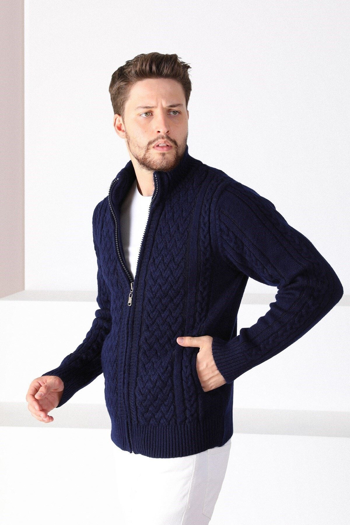 Ferraro  Erkek Lacivert Fermuarlı Kalın Yün Triko Hırka - Görsel 3