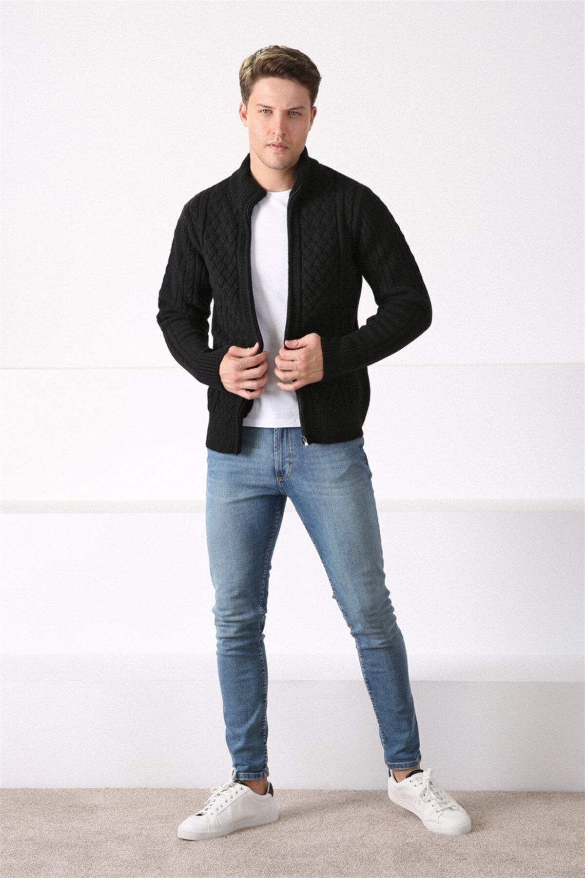 Ferraro  Erkek Siyah Fermuarlı Kalın Yün Triko Hırka - Görsel 4