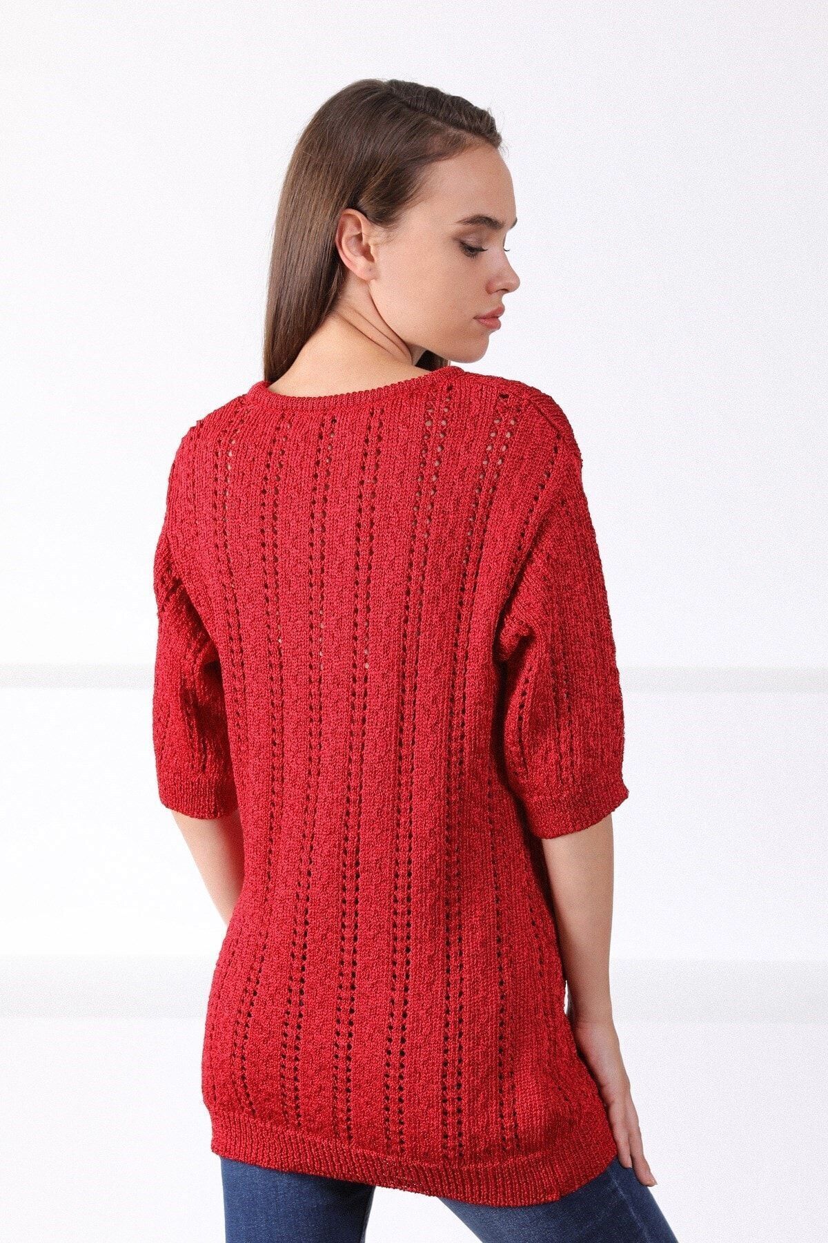 Ferraro-Women's Red Round Neck Openwork Knitwear Sweater 5